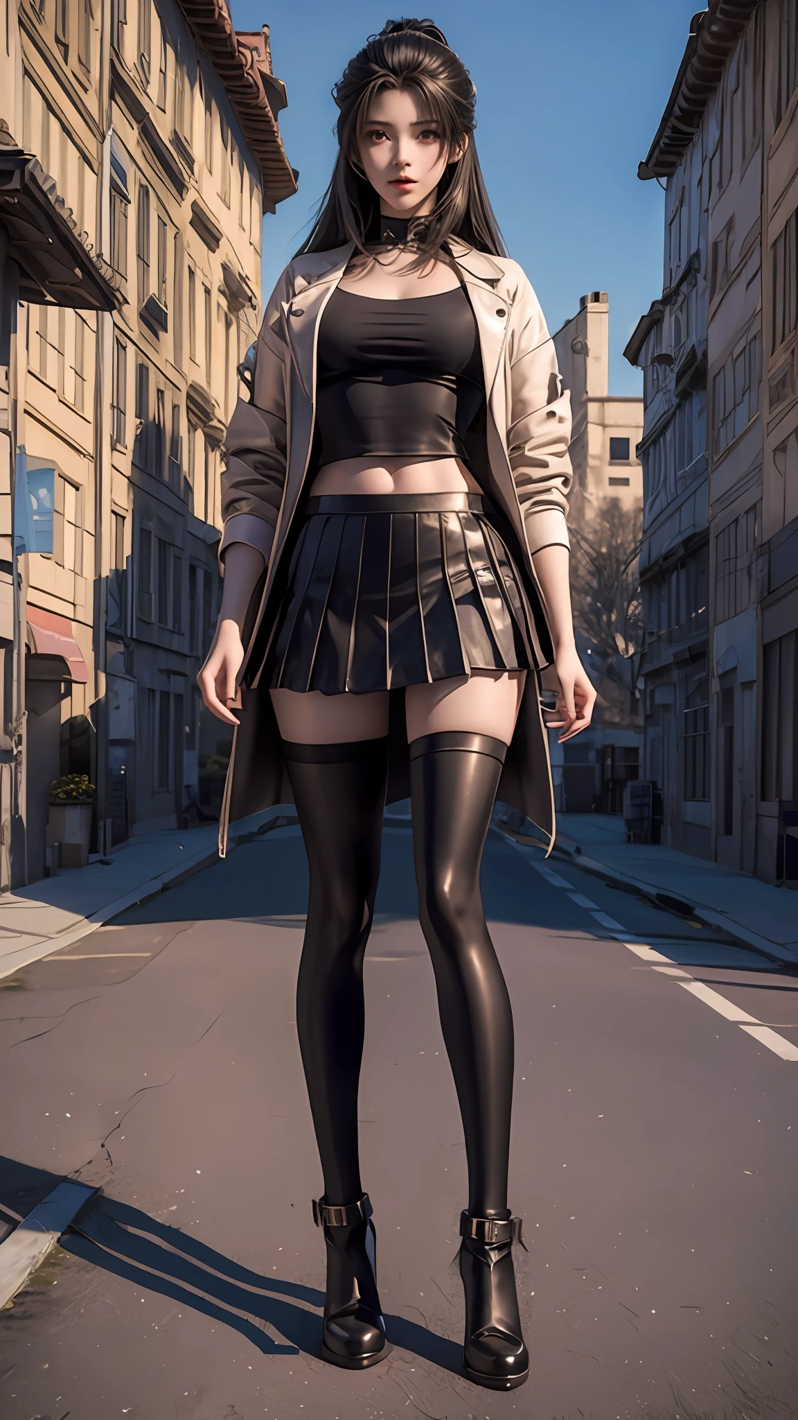 there is a woman in a skirt and a jacket posing for a picture, Surrealism female students, Surrealism female students, Realistic schoolgirl, thighhighs and skirt, photorealistic anime girl rendering, 3 d anime realistic, Smooth anime CG art, photorealistic full body, Photorealistic anime, Realistic anime 3 D style, photorealistic perfect body, wearing skirt and high socks