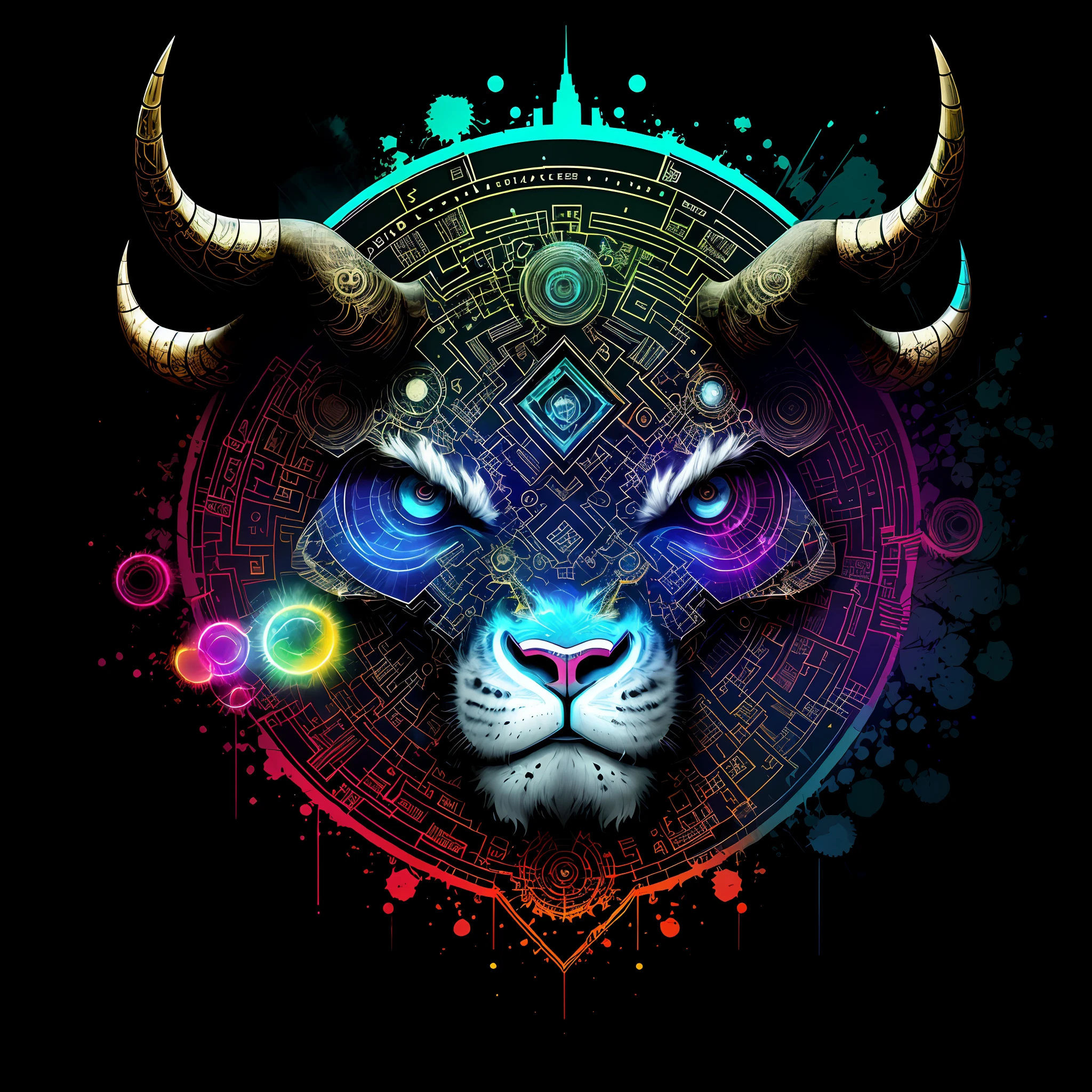 in the style of 0mib,T-shirt design,Cyberpunk bull,Prismatic fragments,Reflect fractal circles,ink spatter,Melted brushstrokes,particles vortex,dramatic lighting,high high quality, Beautiful,tmasterpiece