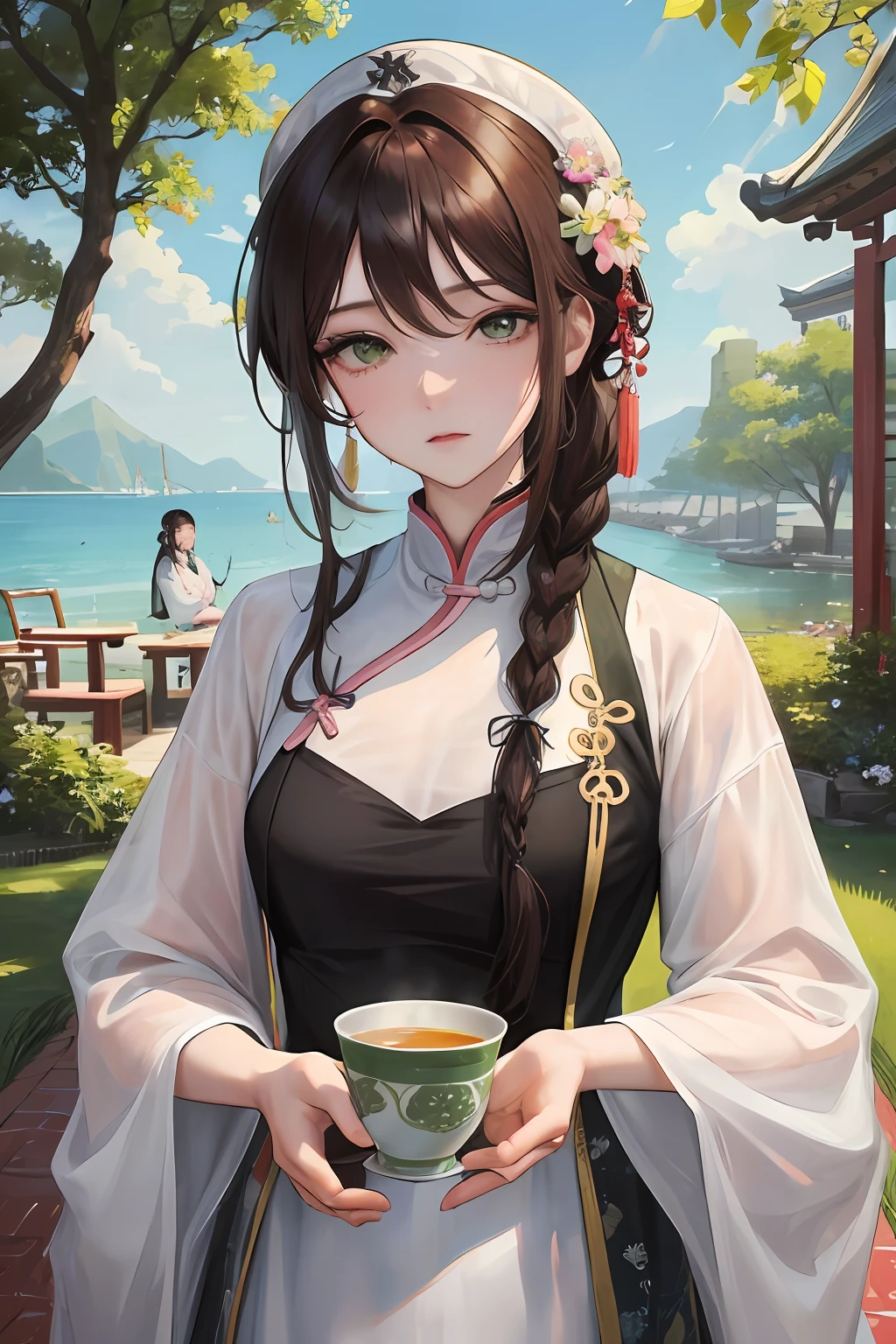 Masterpiece, Best quality, Daytime, Outdoor, Water's Edge, festivity, celebrating, A woman who is, Mature woman, Chinese style, Ancient China, sister, Imperial sister, Cold expression, Expressionless face, Dark brown hair, Green eyes, Single strip of fried dough twisted braid, Coiled hair, Double ball head, Green clothes, Light pink lips, calm, Intellectual, Media distribution, Hairpin, doctor, herbal medicine