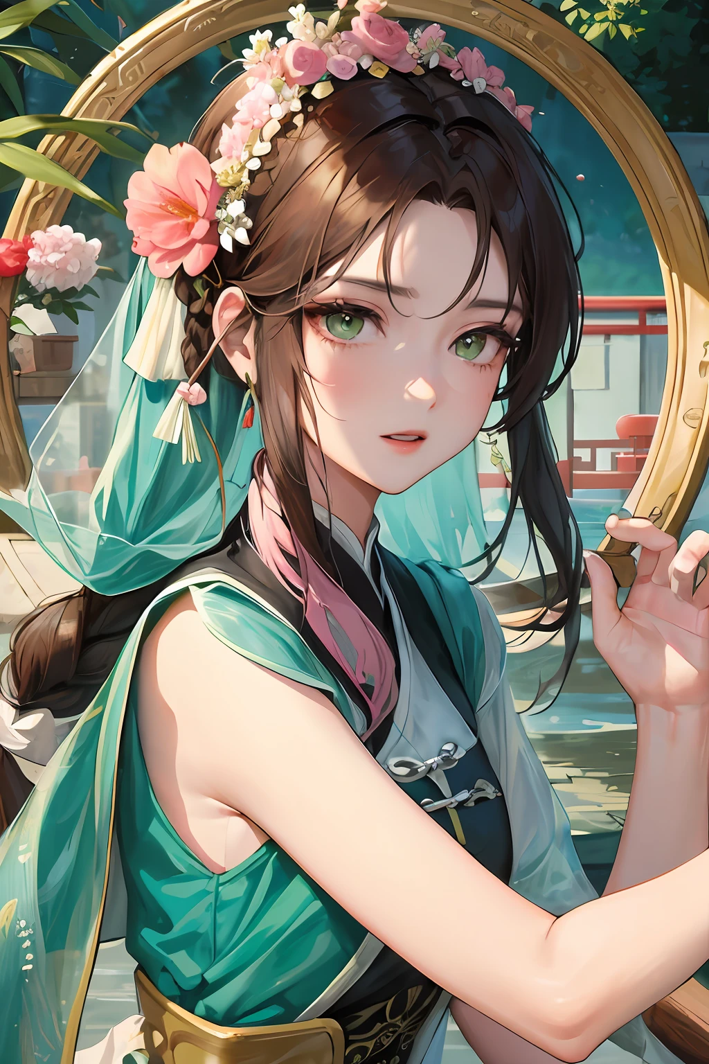 Masterpiece, Best quality, Daytime, Outdoor, Water's Edge, festivity, celebrating, A woman who is, Mature woman, Chinese style, Ancient China, sister, Imperial sister, Cold expression, Expressionless face, Dark brown hair, Green eyes, Single strip of fried dough twisted braid, Coiled hair, Double ball head, Green clothes, Light pink lips, calm, Intellectual, Media distribution, Hairpin, doctor, herbal medicine