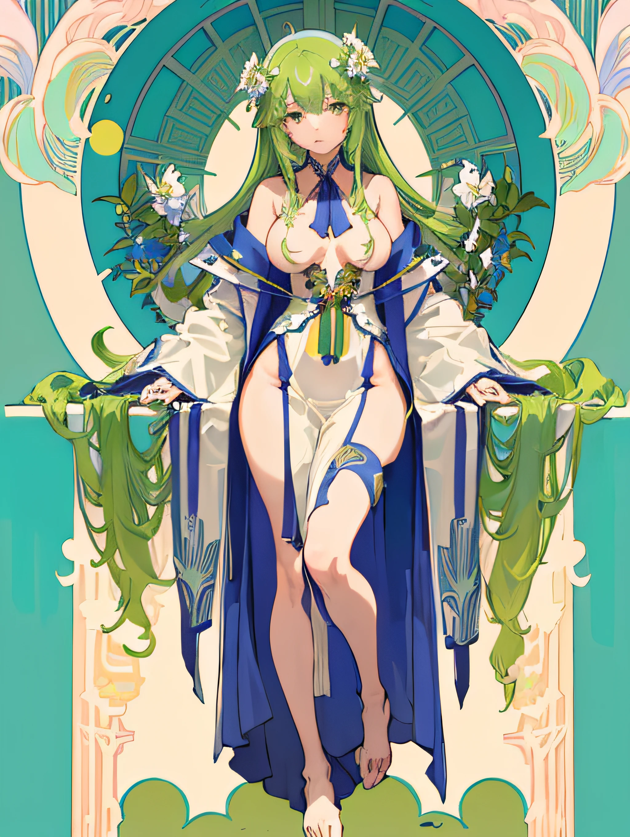 NSFW、((​masterpiece:1.2、top-quality))、1人の女性、独奏、White robes of priests、side slits、(jugendstil:1.4)、Alphonse Mucha、The upper part of the body、Moss green hair