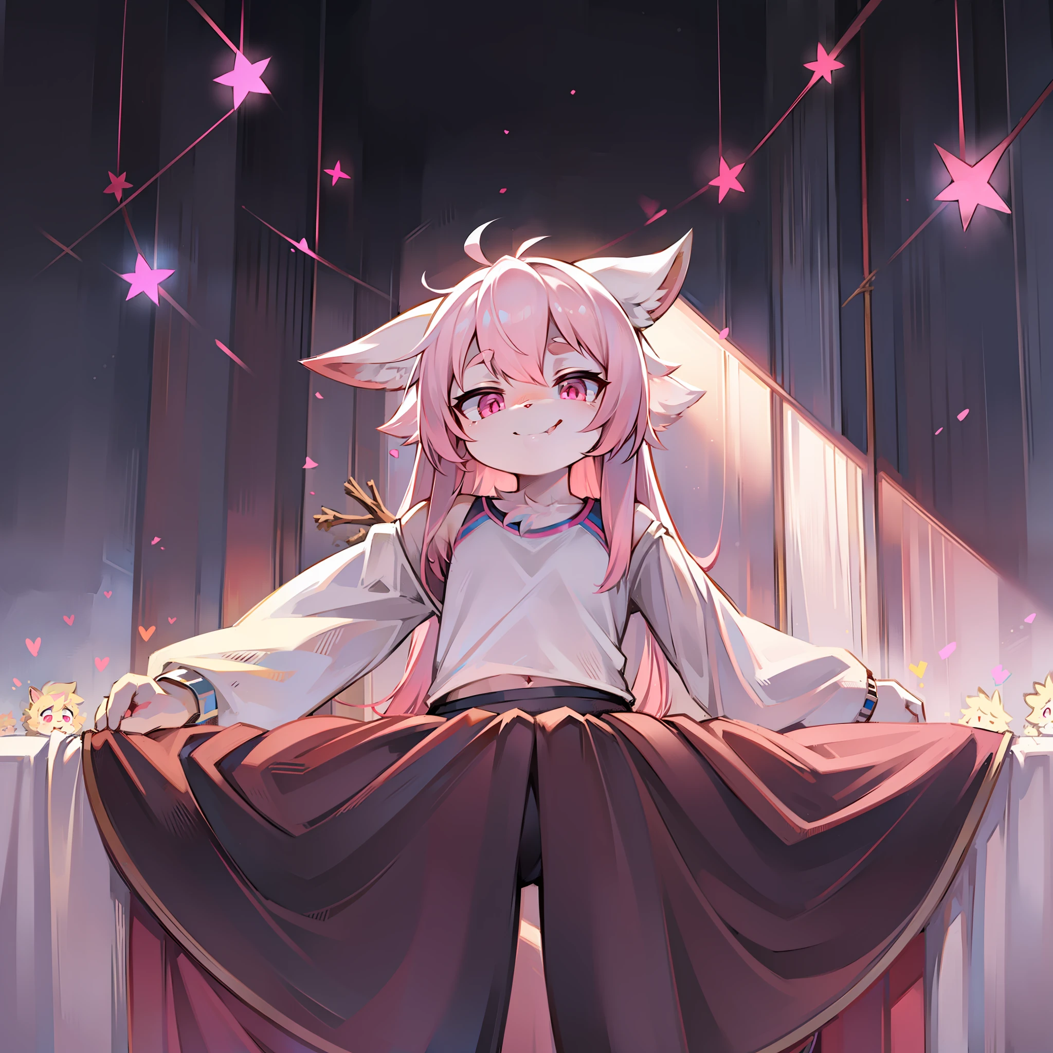 A pink-haired,younge boy,Pink eyes,White hair,fluffy bunny ears,get down on the bed,Smile at the audience,Lively and cheerful,Stick out her tongue,White top,Black sports shorts