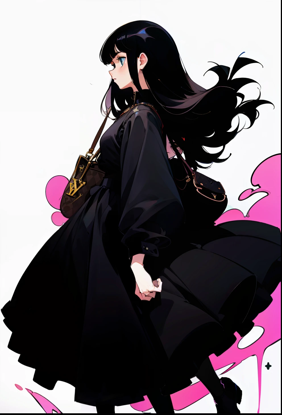 Black hair, 1Girl, Louis Vuitton apparel, stand up, Straight hair