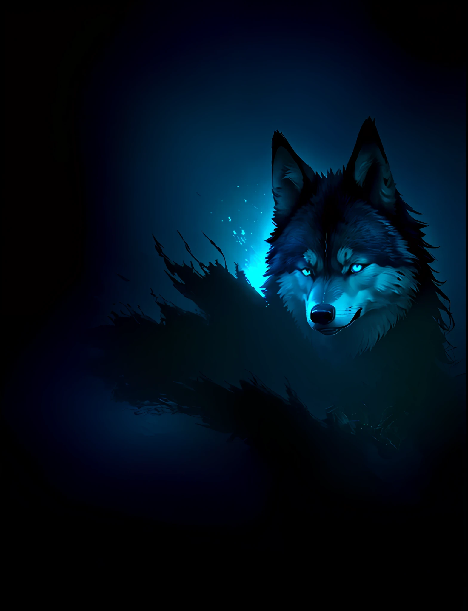 masterpiece, best quality, dark environment, backlit, blue moon, wolf, wolf head, wolf hair, (very detailed CG unified 8k wallpaper), (best quality), (best illustration), bow-waisted werewolf, close-up, focused face, depth of field, blurred background, black forest, (best shadows), detailed green eyes, ridiculous, realistic lighting, (abyss), beautifully detailed, Peter Morbach's work, fog,