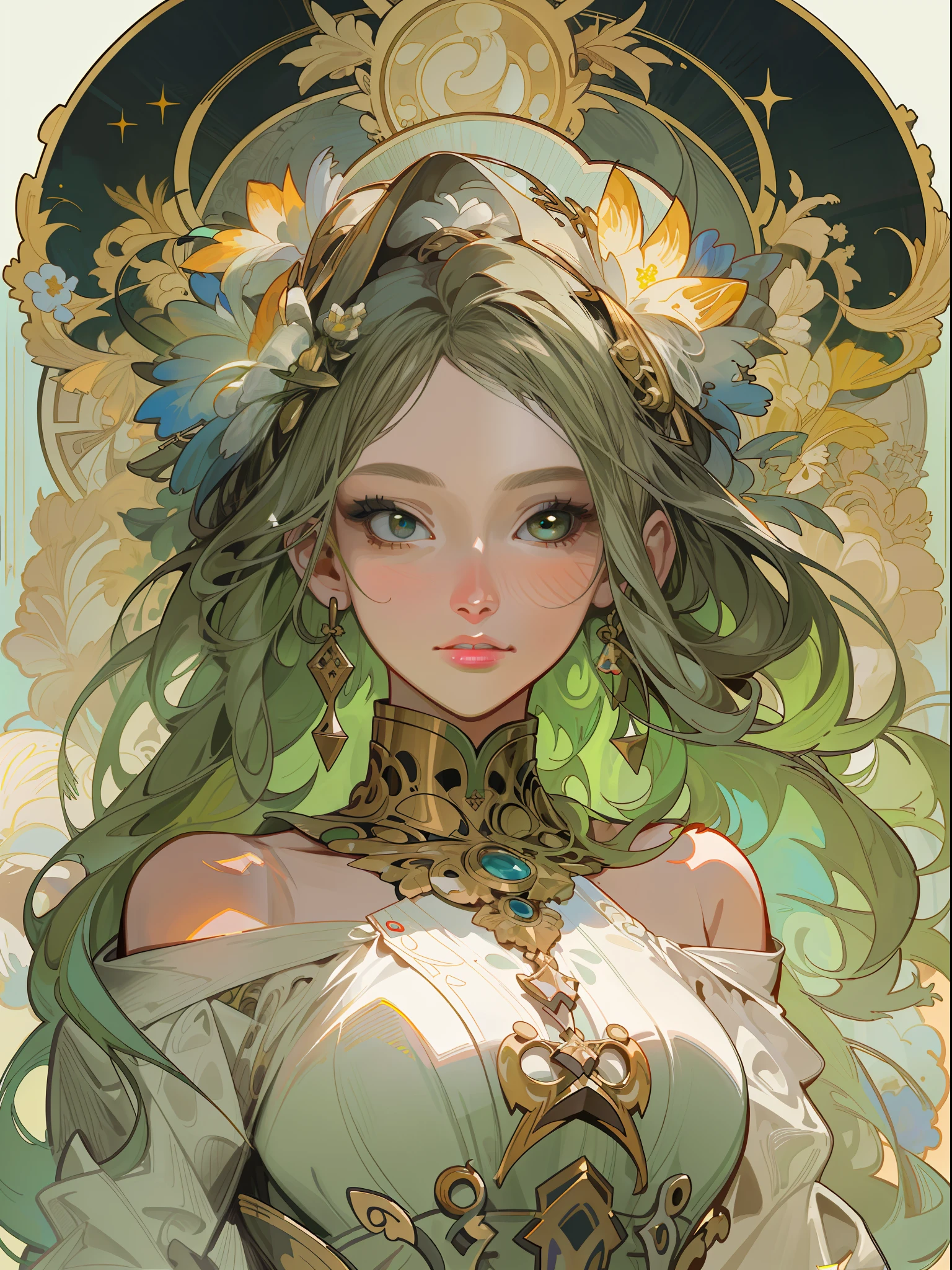 (masterpiece, best quality:1.2), (ultra detailed), (illustration), (distinct_image), (intricate_details), (delicate illustration), The upper part of the body, (Extremely detailed facial features:1.1), Highly detailed face, Flawless face, detailed_eyes,Delicate skin,Silky hair,floated hair,Medium breast,looking at viewert,(a matural female:1.2),curves,(Radiant beauty:1.1),1girl,独奏,__yd4__,fine fabric emphasis,__outdoor__,quadratic element,tarot card layout,Best quality, Masterpiece, (Realistic:0.6), Realistic lighting,Flower frame, Decorative panels, abstract artistic, Alphonse Mucha