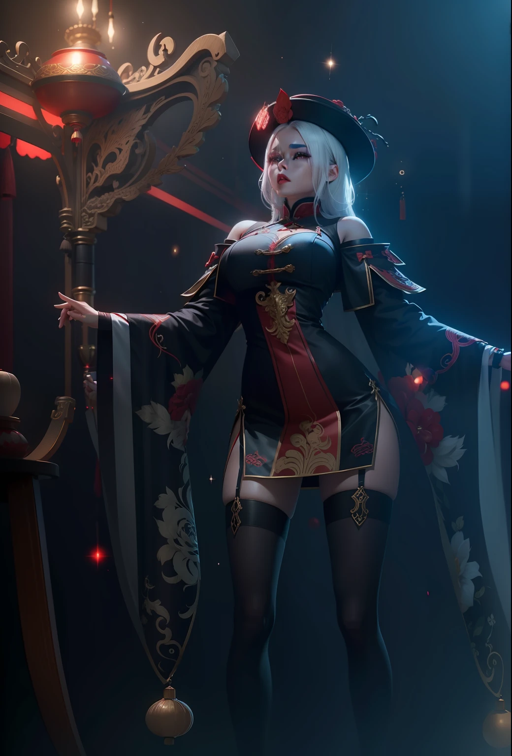 Beautiful girl in Chinese mini dress, white hair, brown eyes, red lips, perfect body, in dark room, chinese vampir hat, cinematic lights, sparkle effects, masterpiece, best quality, ultra details, 8k, realistic