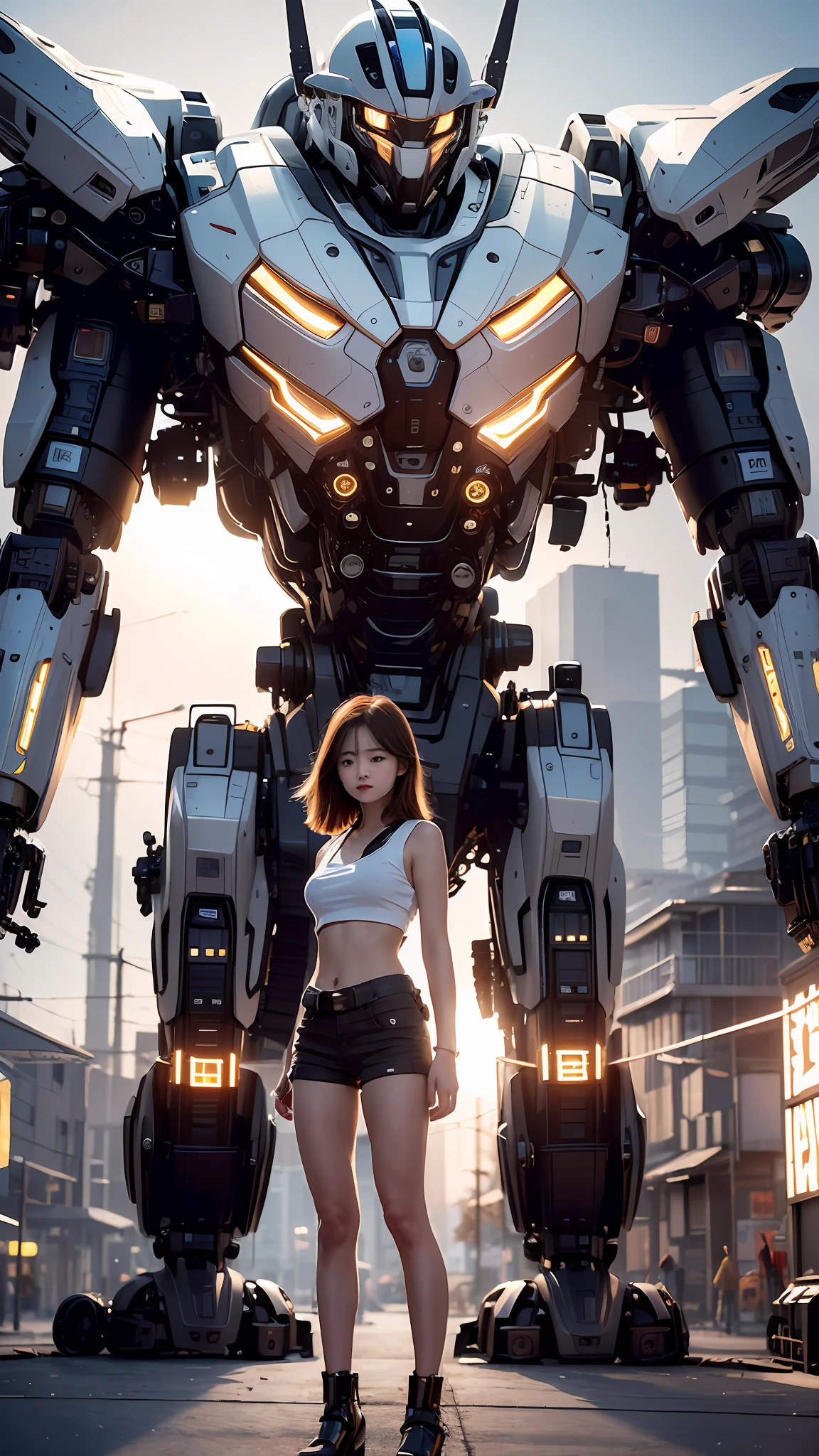((masterpiece, best quality)),illustration,ultra detailed 8k,photorealistic,sharp focus,highly detailed,professional lighting,colorful details,iridescent colors BREAK extreme long shot of a factory,large mechanical robot construction,microchip,computer,glowing,intricate details,shitu-mecha,1girl is standing in front of the audience,Navel,Mechanical Ji,