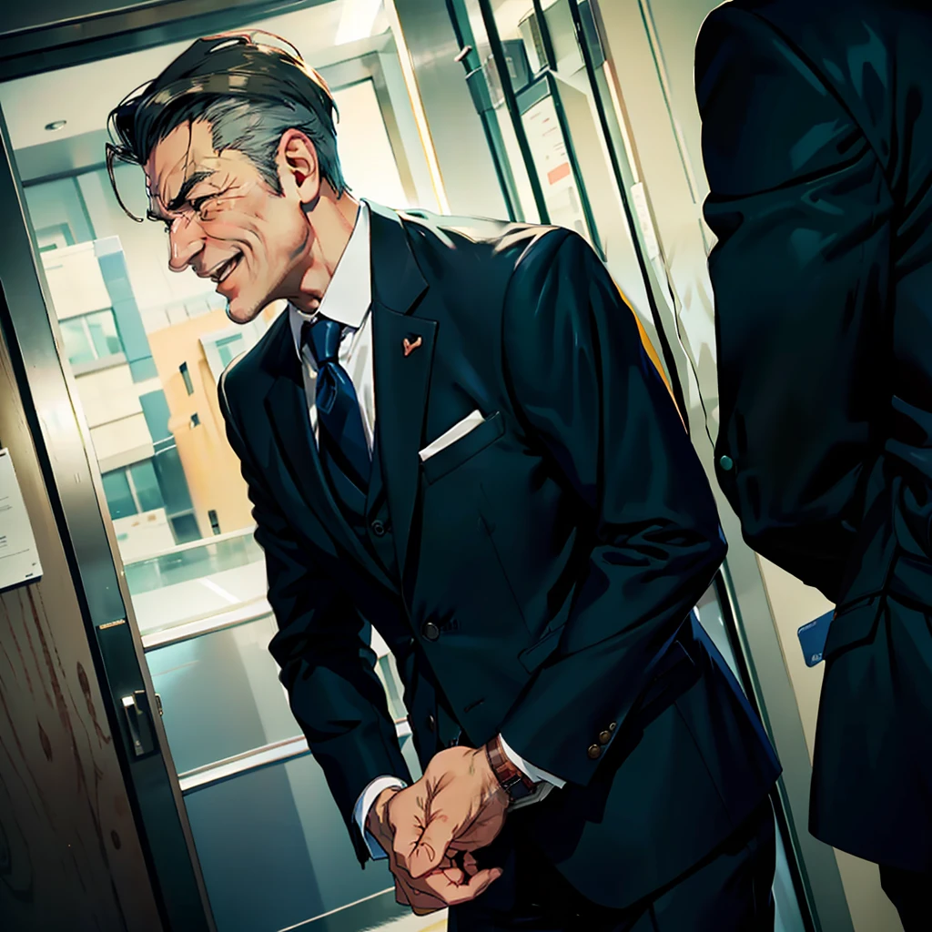 1 mature man，dressed in a suit，Bend over，Business card in hand，Laughing heartily，Squinted eyes