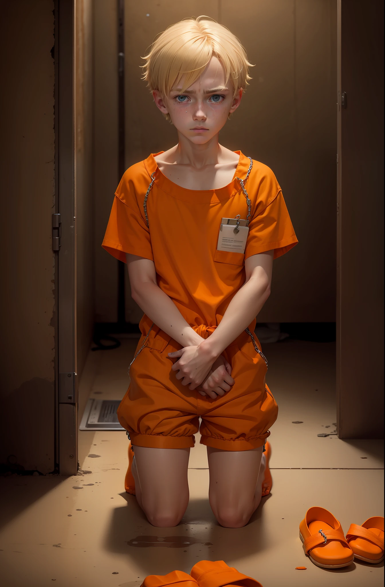 A 14-year-old blonde boy，There is some filth on the body，Wearing an orange one-piece prison suit，Handcuffs on their hands，The feet are fully shackled，Wear orange slippers，Eight inside both feet，and hold your head in your hands，Kneeling on an iron bed in a single cell，Very melancholy look Modern American prison background