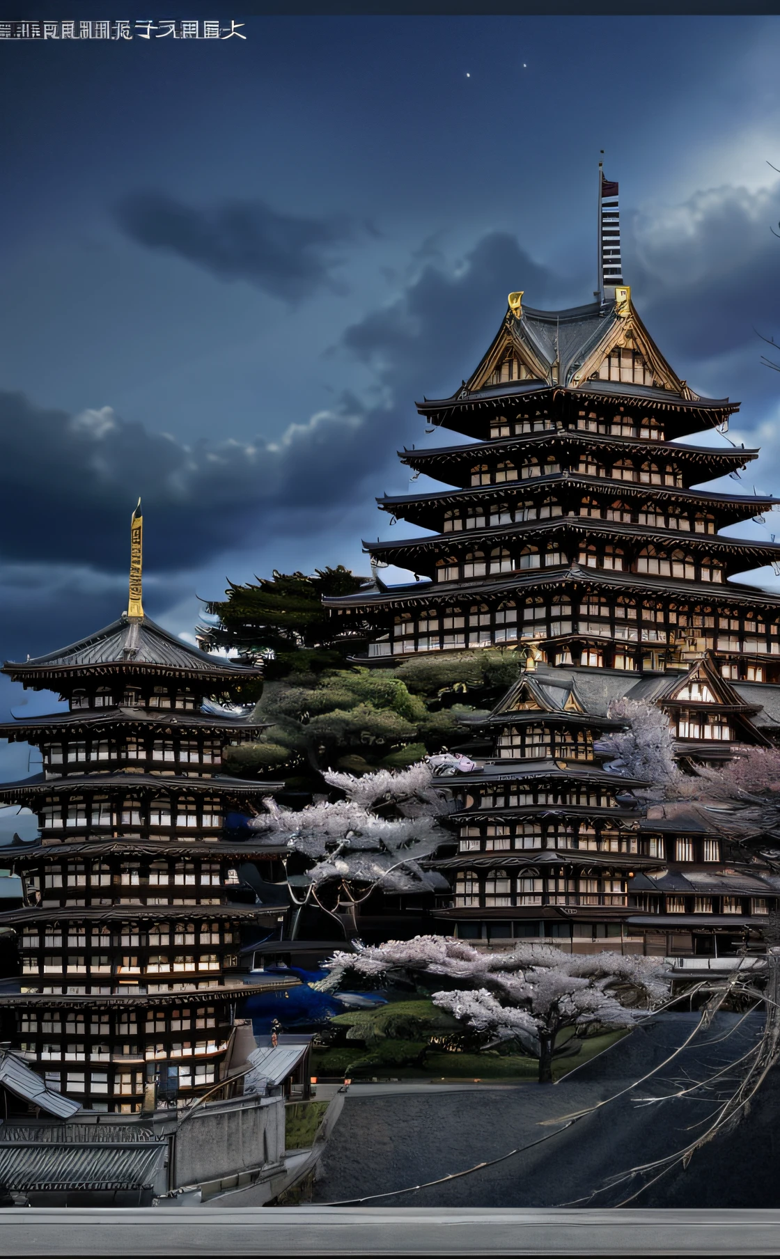 ​masterpiece、top-quality、hightquality、the Extremely Detailed CG Unity 8K Wallpapers、Warring states period　ighly detailed、Nagoya Castle、Himeji Castle、Kumamoto Castle、Egret City、Edo Castle、Japan castle、outside of house、Skysky、​​clouds、natta、No humans、mont、jpn, moonlights, cinemagraph, landscapes, Eau, The tree, dark sky, falls, cliff, naturey, lake, a river, cloudy ash sky, awardwinning photo, bokeh dof, depth of fields, nffsw, bloom, chromatic abberation, Photorealsitic, ighly detailed, Trending on ArtStation, CGsociety Trends、Complex and、in detail、Dramatic and、