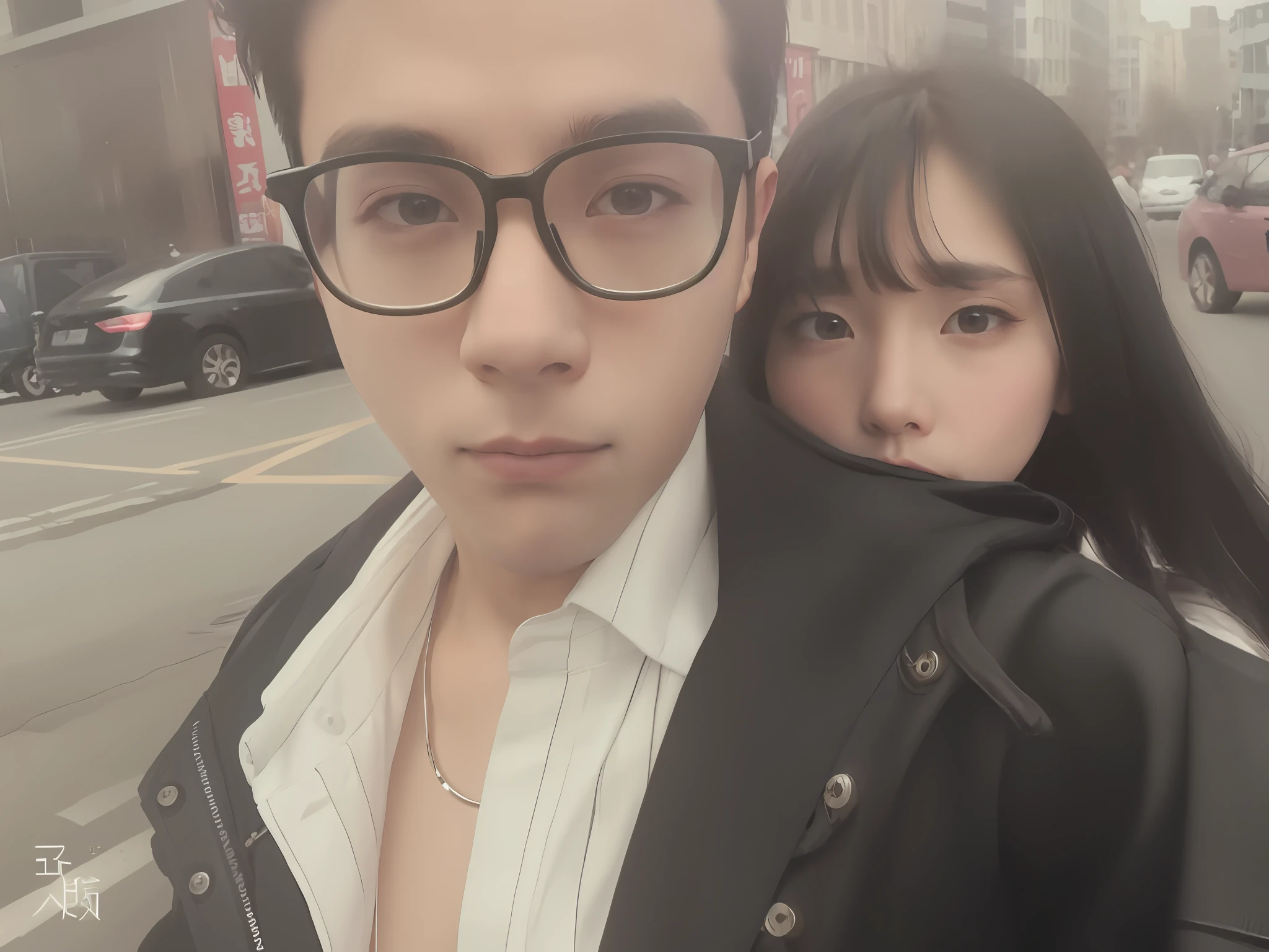 a young man and a woman，Men wear black-framed glasses and wear white shirts and black coats，The girl's chin rests on the man's shoulder，Long black hair with bangs