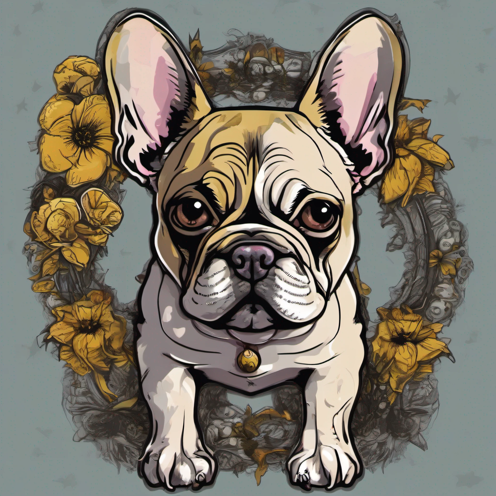 vector art of a "Frenchie of the Living Dead," blending the adorable charm of a French Bulldog with a touch of zombie elements. Depict the frenchie with a playful and mischievous expression, sporting a zombie-themed collar or bandana. Add subtle zombie features, such as pale fur, dark circles around the eyes, or stitches on the frenchie's body. Place the Frenchie of the Living Dead in a fun and vibrant setting, like a sunny park or a backyard barbecue, to emphasize its playful nature. This style should evoke a sense of humor and cuteness while hinting at the frenchie's zombie alter ego, isolated, black background, in the style of 0mib