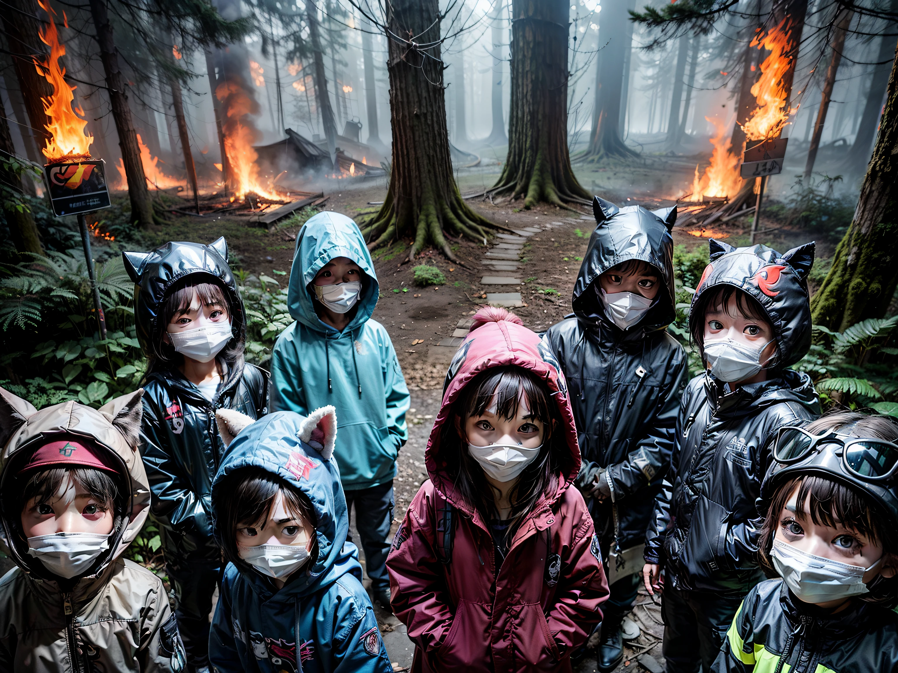  wearing masks made of graffiti、creepy atmosphera、Dark forest background、Burning Shrine、the fire、Graffiti Mask、