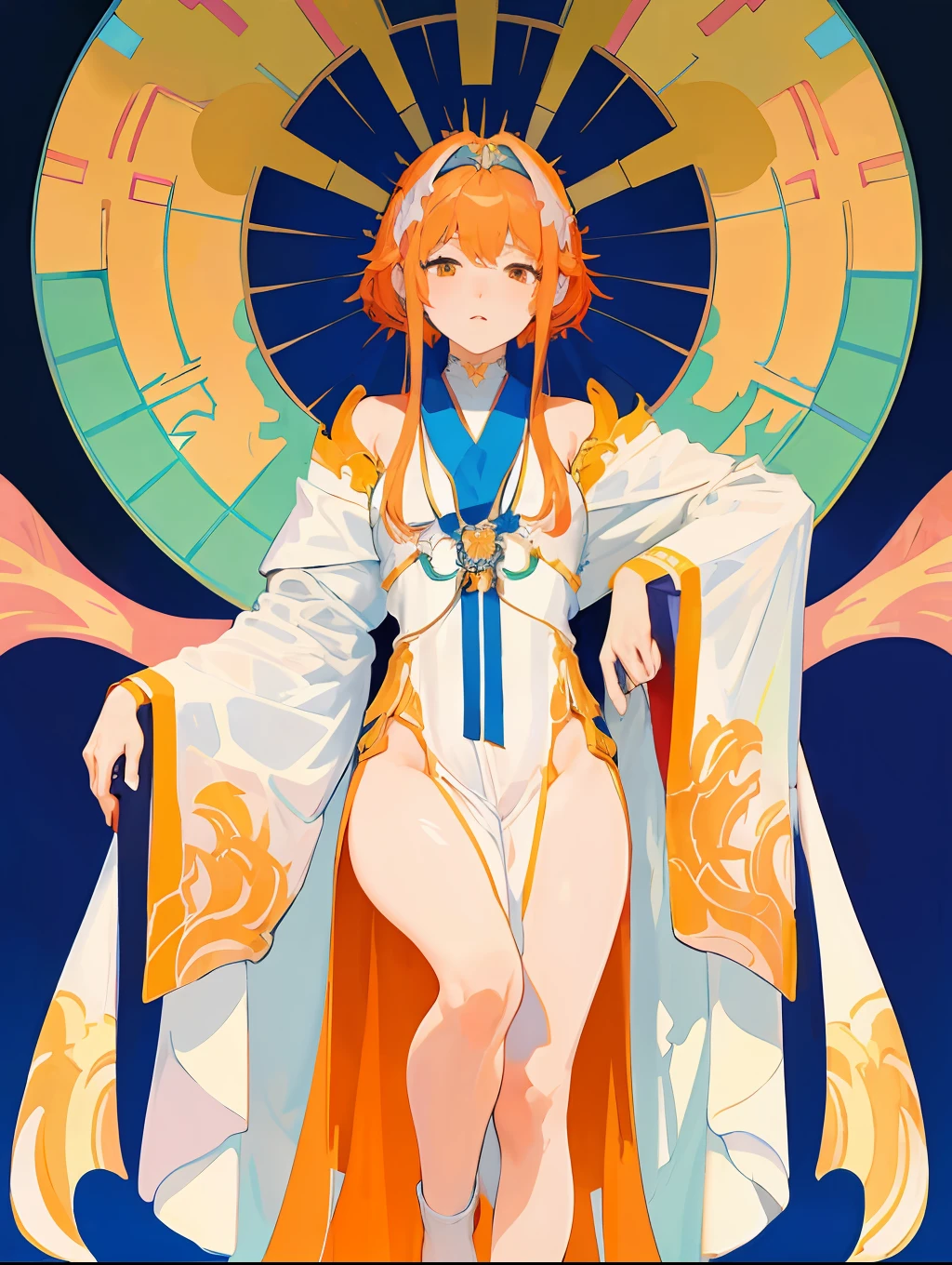 NSFW、((masterpiece:1.2、top-quality))、1人の女性、独奏、White robes of priests、side slits、(jugendstil:1.4)、Alphonse Mucha、The upper part of the body、Orange hair