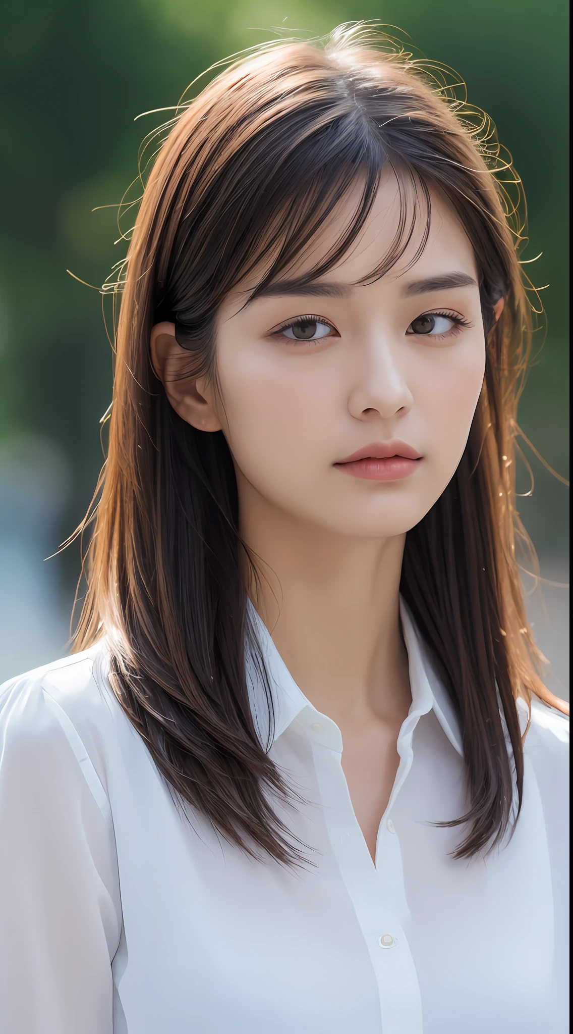 ((Best Quality, 8K, Masterpiece: 1.3)), Sharp: 1.2, Perfect Body Beauty: 1.4, Slim Abs: 1.2, ((Layered Hairstyle, Big Breasts: 1.2)), (Wet White Button Long Shirt: 1.1), (Rain, Street: 1.2), Wet: 1.5, Highly detailed face and skin texture, detailed eyes, double eyelids, side face looking at the camera