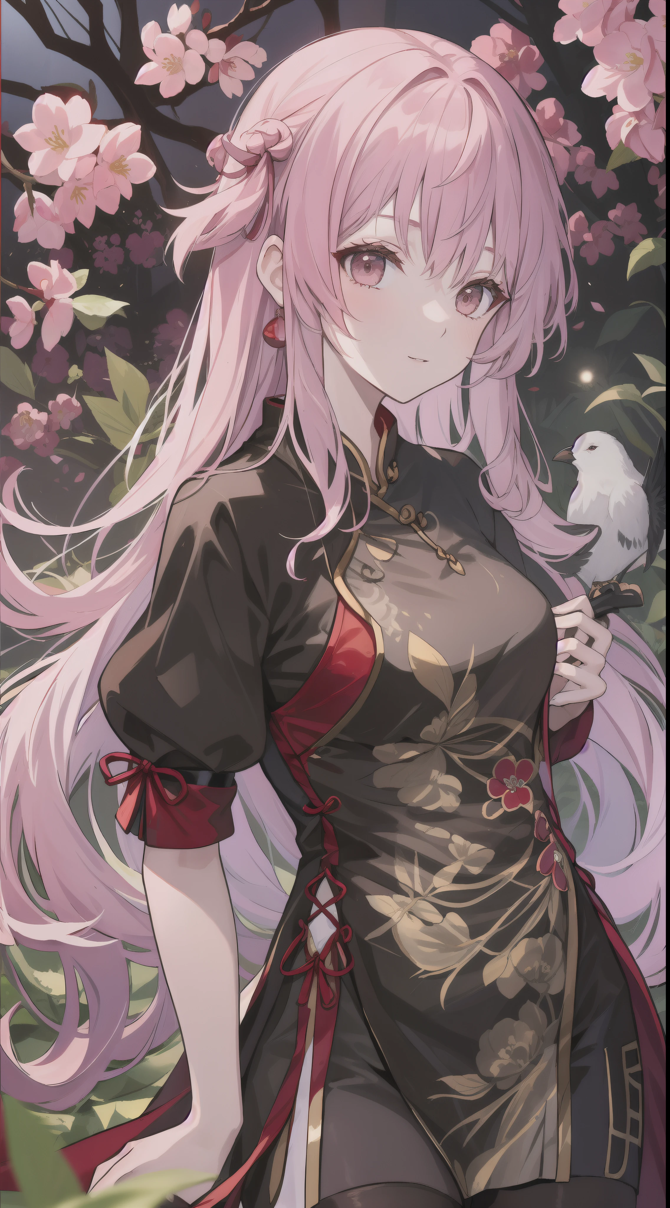 top-quality, Ink painting style, Fresh and elegant, Clear lake, The cherry blossoms fall as the sun sets,White color hair, Black cheongsam golden pattern girl, Ride the flower wind to blow your head, A forest dotted with green leaves, Birds sing happily, A poetic scene