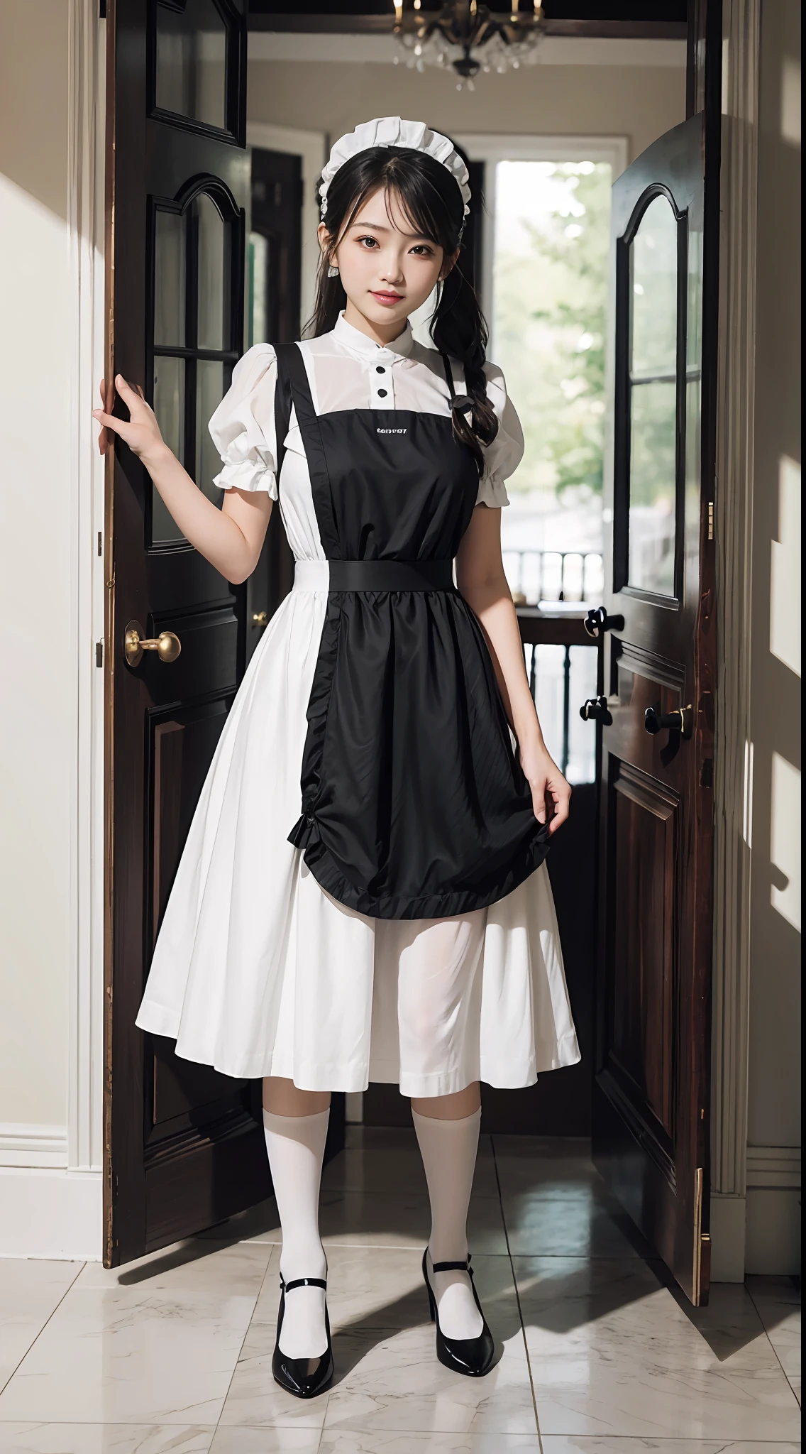 超A high resolution, Super High Detail, depth of fields, maid, Curtsey-style greeting, to stand, At the entrance, Perfect Anatomy, Silk white ankle length socks, Black pumps