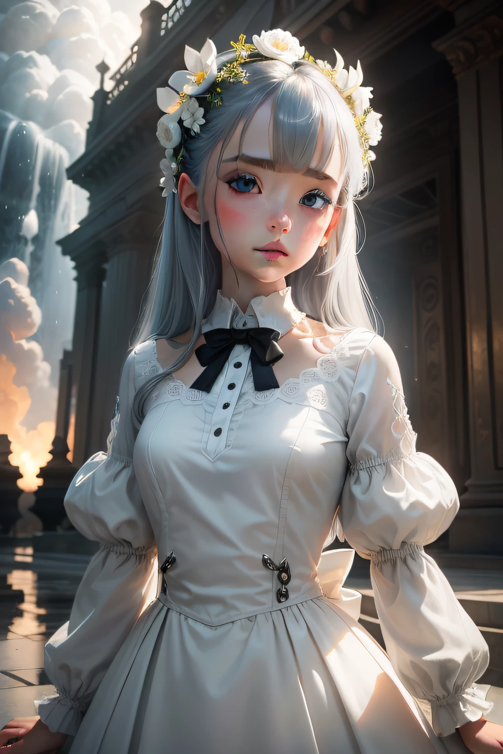 masterpiece, exquisite, illustration, {beautiful and meticulous girl}, beautiful and detailed halo, (fire of war: 1.2), (nuclear explosion behind: 1.3), rain, detailed lighting, detail water, (beautiful and detailed eyes: 1.1), expressionless, palace, sky blue hair, scattered hair, long bangs, eyebrows, (white-gray dress: 1.1), black ribbon, white bow tie, upper abdomen, big forehead, dull, flower, long sleeves