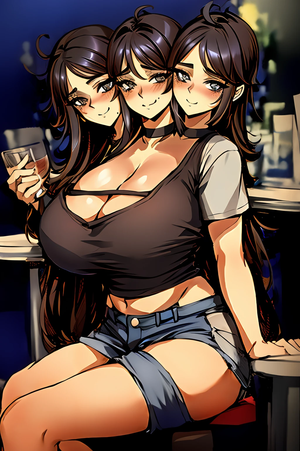 2heads, a short chubby woman with 2 heads. She has enormous breasts. She is sitting at a bar. She looks drunk. She looks seductive. She has gigantic breasts. She is blushing. She looks mature. Her breasts are gigantic. She has long hair. She is wearing jeans. She is wearing a t-shirt. He is wearing a hat.