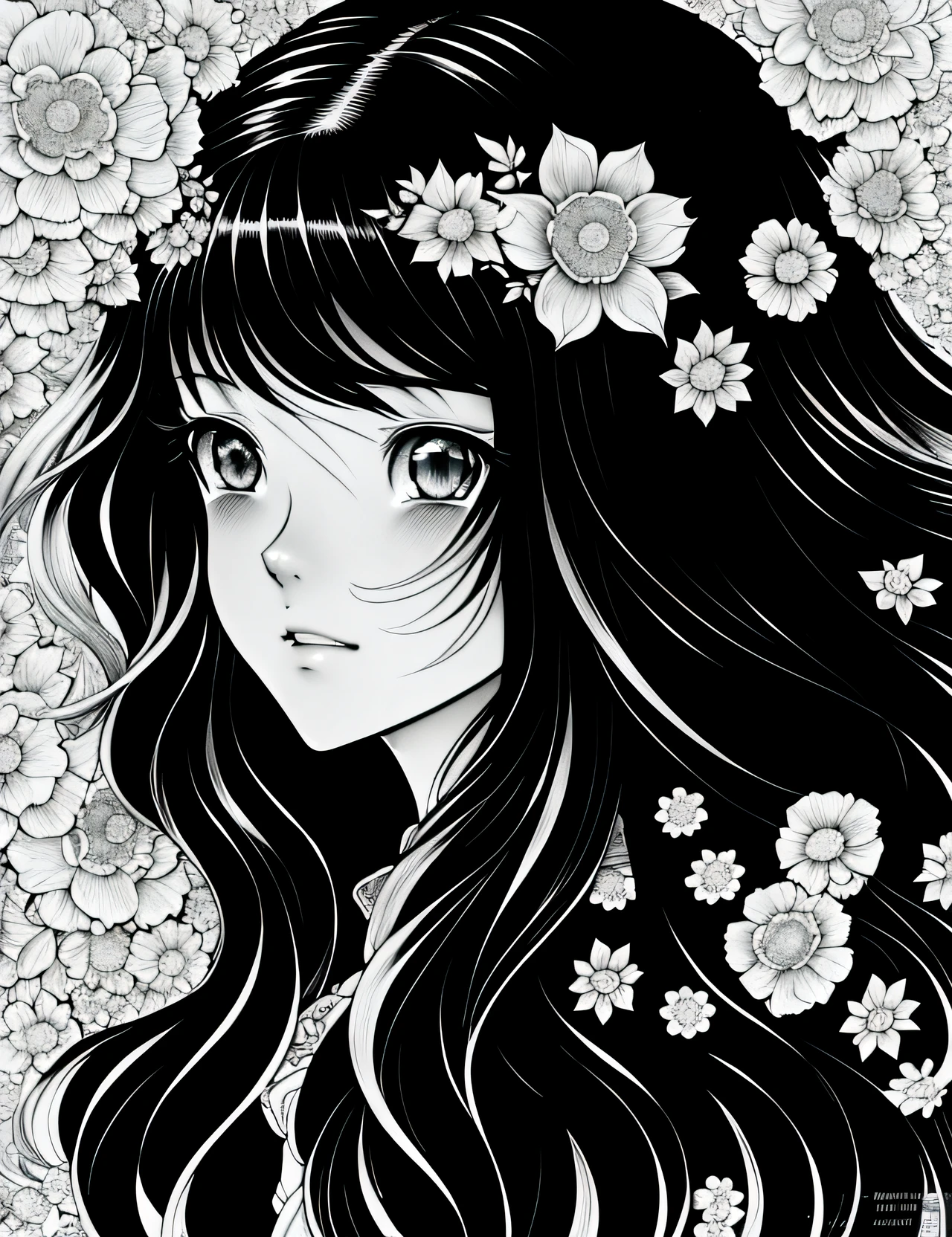 a drawing of a girl with long hair and flowers in her hair, beautiful line art, intricate manga drawing, detailed portrait of anime girl, hyper detailed manga drawing, detailed manga style, an illustration that pays tribute to the iconic styles of Artgerm, Aleksi Briclot, and Charlie Bowater, created in a digital doodle line art style, with ink drawing vector crisp lines, the ultra clean and bold lines found in cutest cartoon styles on [Michael Whelan] with a low level of detail to give it a sharp and clean appearance. The manga style is bold and crisp line inspired, full body, hyper detailed line art, intricate ornate anime cgi style, insanely detailed linework, intricate lineart, detailed 4 k drawing, extremely detailed linework, high detailed official artwork