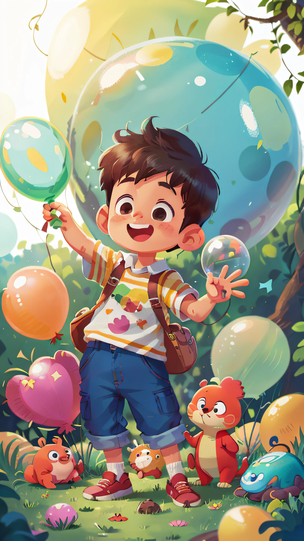 A boy, zoo, many balloons, happy, happy, perfect quality, clear focus (clutter - home: 0.8), (masterpiece: 1.2) (realistic: 1.2) (bokeh) (best quality) (detailed skin: 1.3) (intricate details) (8K) (detail eyes) (sharp focus), (happy)