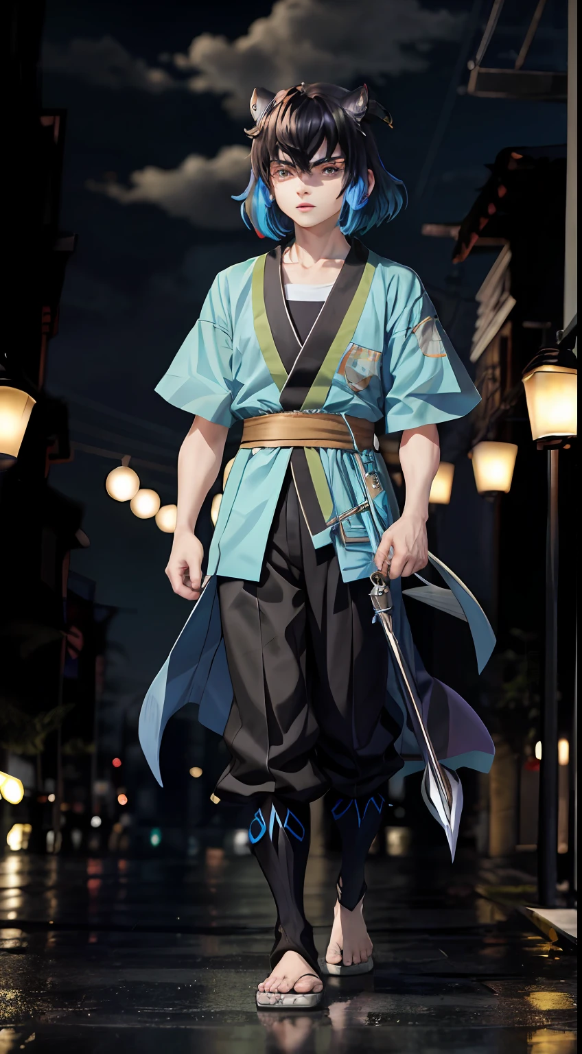 "Anime male character Inosuke with black and blue mixed hair in full body shot in a beautiful night city"