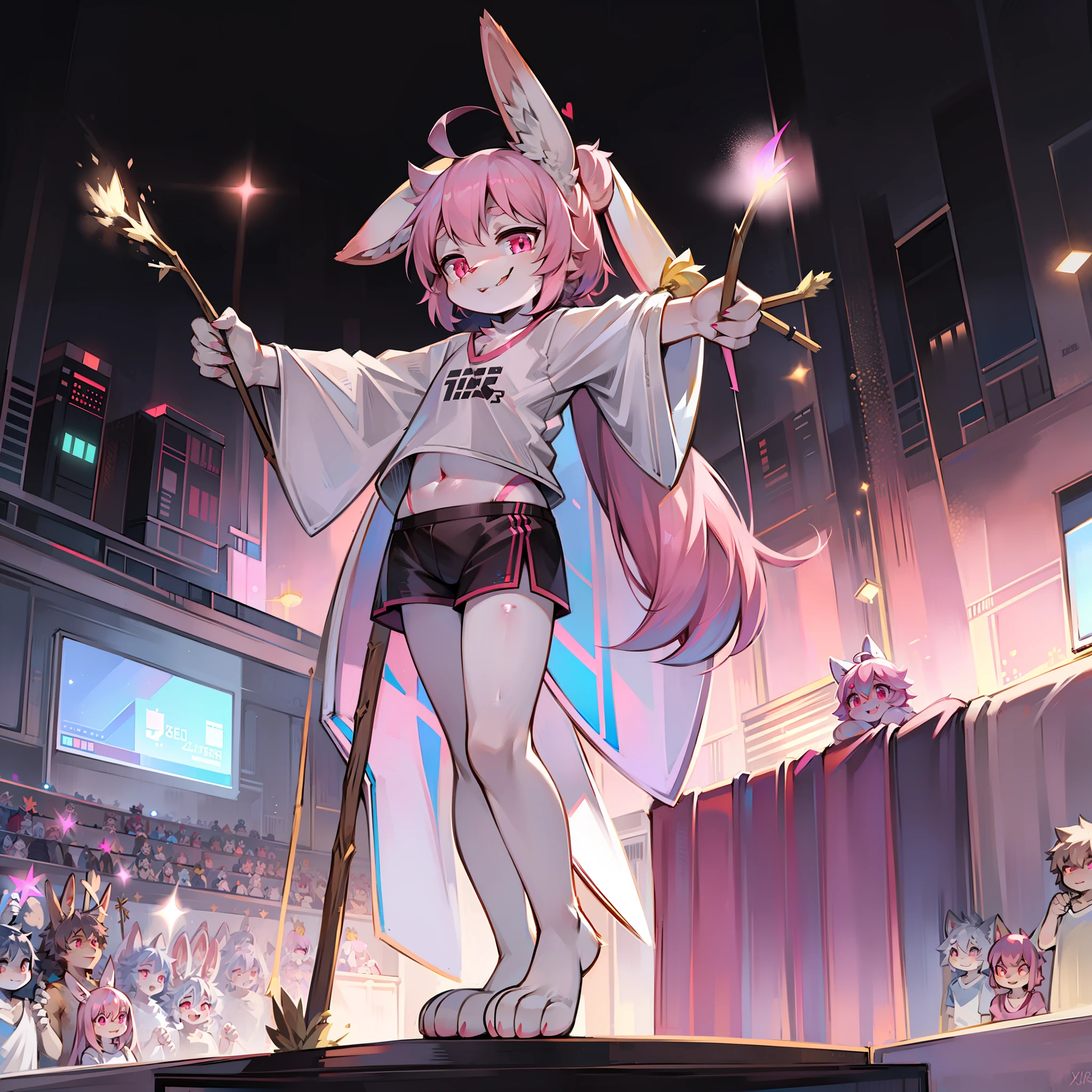 A pink-haired,younge boy,Pink eyes,White hair,fluffy bunny ears,get down on the bed,Smile at the audience,Lively and cheerful,Stick out her tongue,White top,Black sports shorts