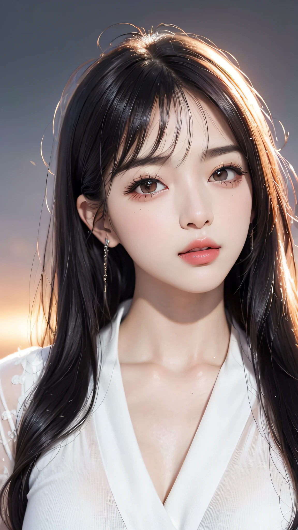 (8k, RAW photo, photorealistic:1.25) ,( lip gloss, eyelashes, glossy finish, glossy skin, best quality, super high resolution, depth of field, chromatic aberration, caustics, wide light, natural shadow, Kpop idol) look with serenity and goddess-like bliss to the spectators,