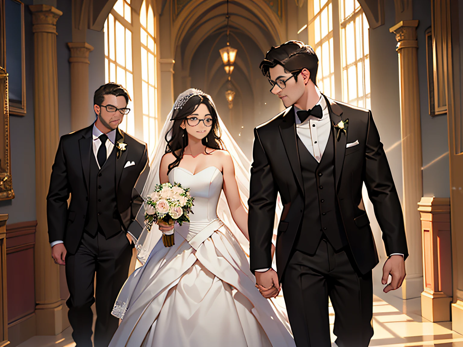 Master, masterpiece, 8K wallpaper, CG, super high picture quality, light and shadow effects
(A sunny boy wearing a black suit with short brown hair) and a girl with long black hair wearing a wedding dress and glasses walked into the hall together: 1.5)
Background display
Inside, a few friends and relatives sat in two rows