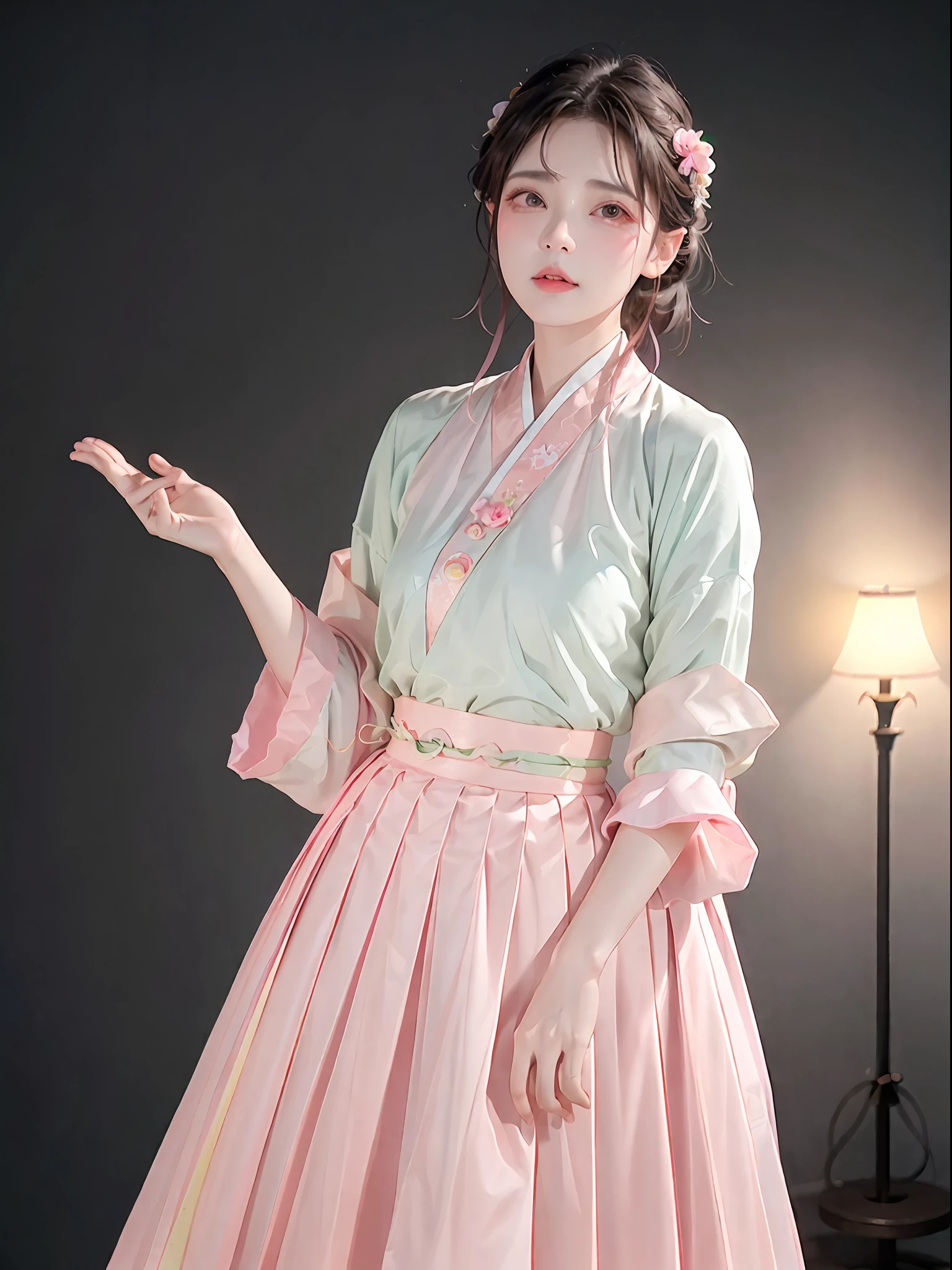 1girl,(hanfu, pink short shan,  gradient green pleated skirt, pink songmo),(upper body:1.5),face focus, ultra high res, (photorealistic:1.4), raw photo,16K,dramatic lighting,