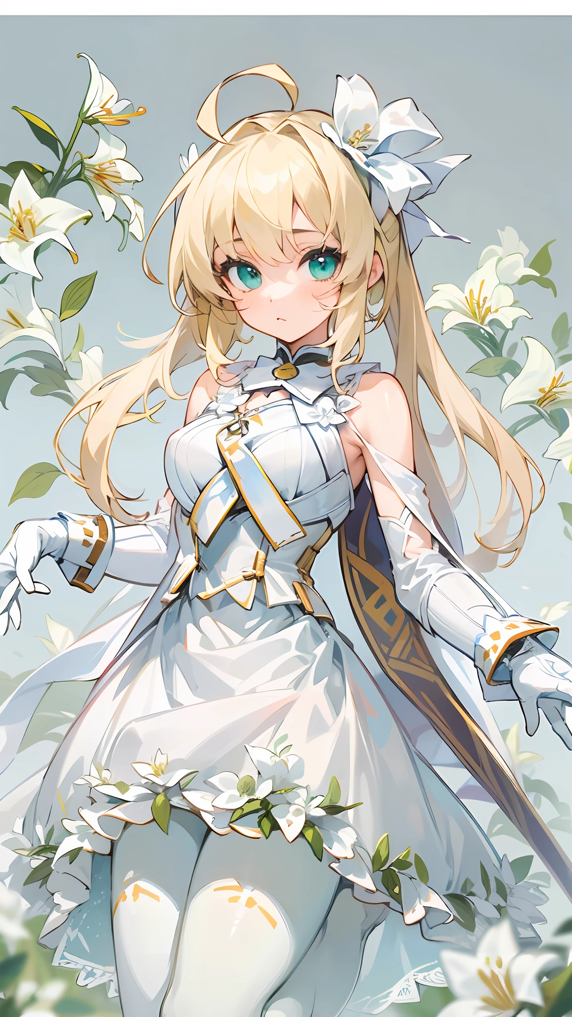 Best quality, highly detailed, masterpiece, ultra-detailed, solo, (1girl), (delicate eyes), (white background: 1.3), lily_ \ (flower), saber_lily, blonde_hair, ahoge, green_eyes, white_gloves, pantyhose, hair_bow, white dress, wariza,