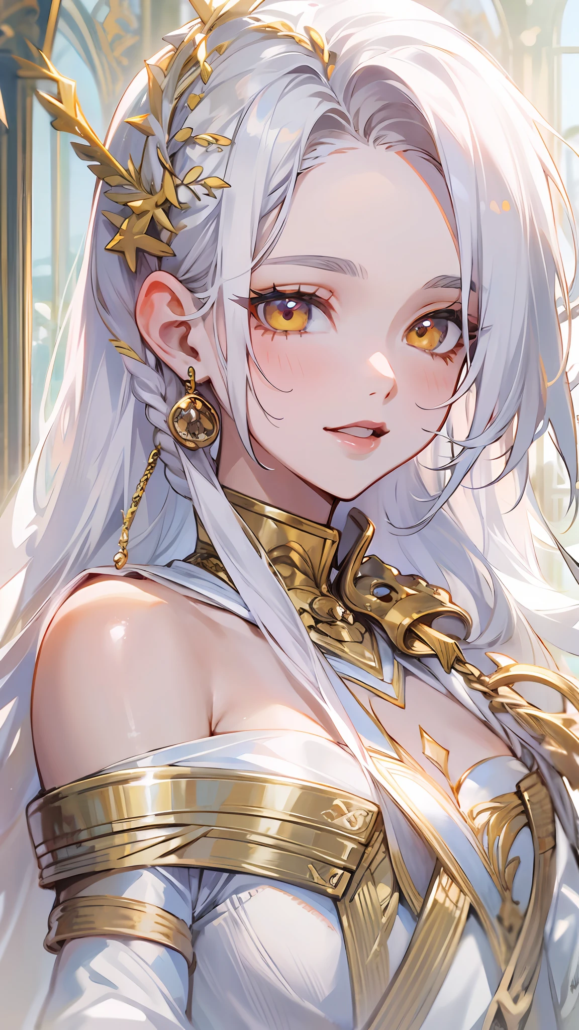 best quality, masterpiece,white hair, gold eyes,white clothes, looking up, upper body,hair strand,Fair skin,side braids