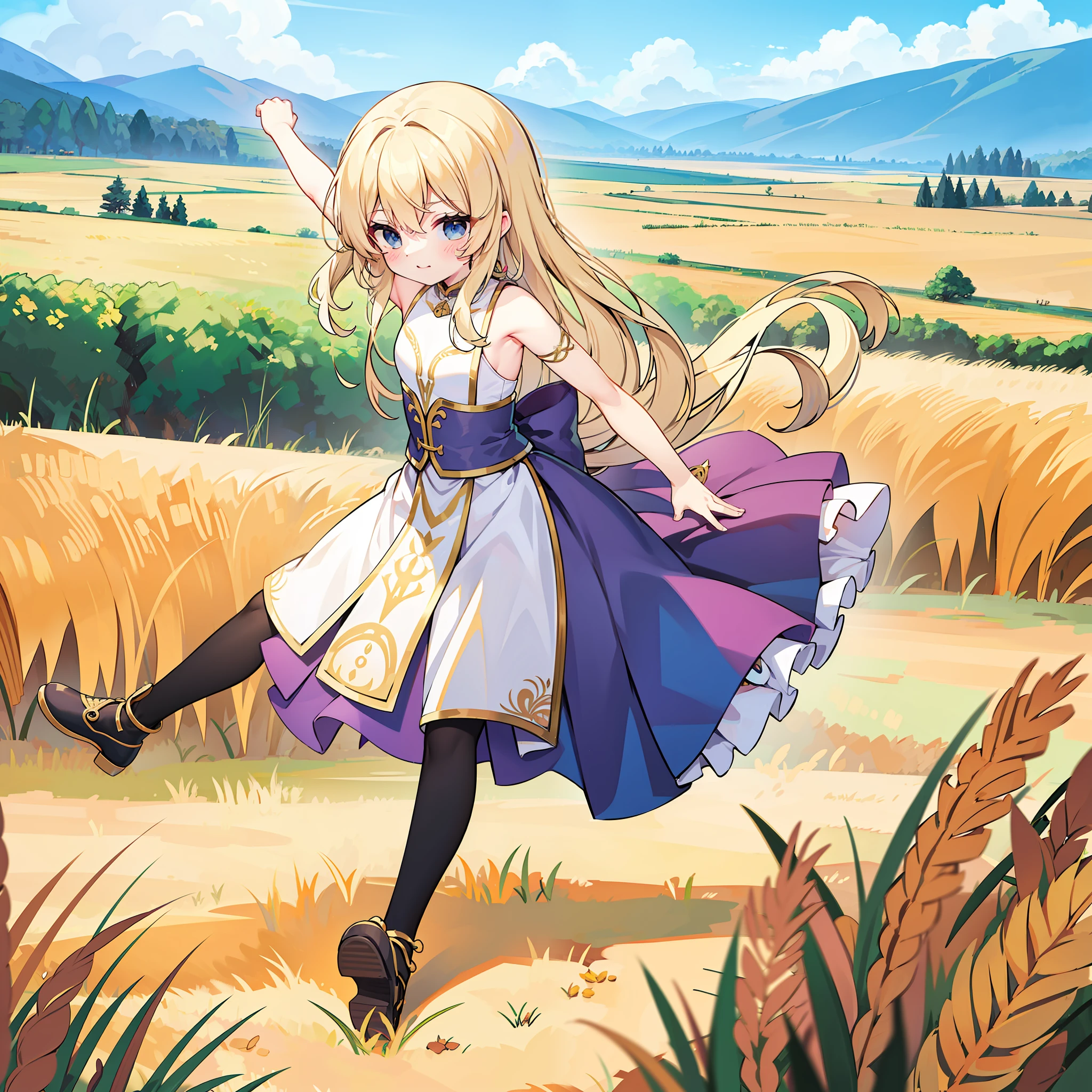 Una guerrera  corriendo con los brazos extendidos y una espada en cada mano. Run quickly through a field of grain.. Tiene el pelo largo y suelto, Lleva armadura de cuero grueso y madera. (Pieza maestra) (best quality)