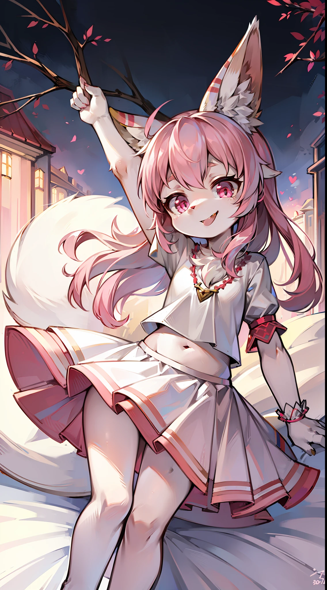 A pink-haired,younge boy,Pink eyes,White hair,fluffy bunny ears,get down on the bed,Smile at the audience,Lively and cheerful,Stick out her tongue,White top,