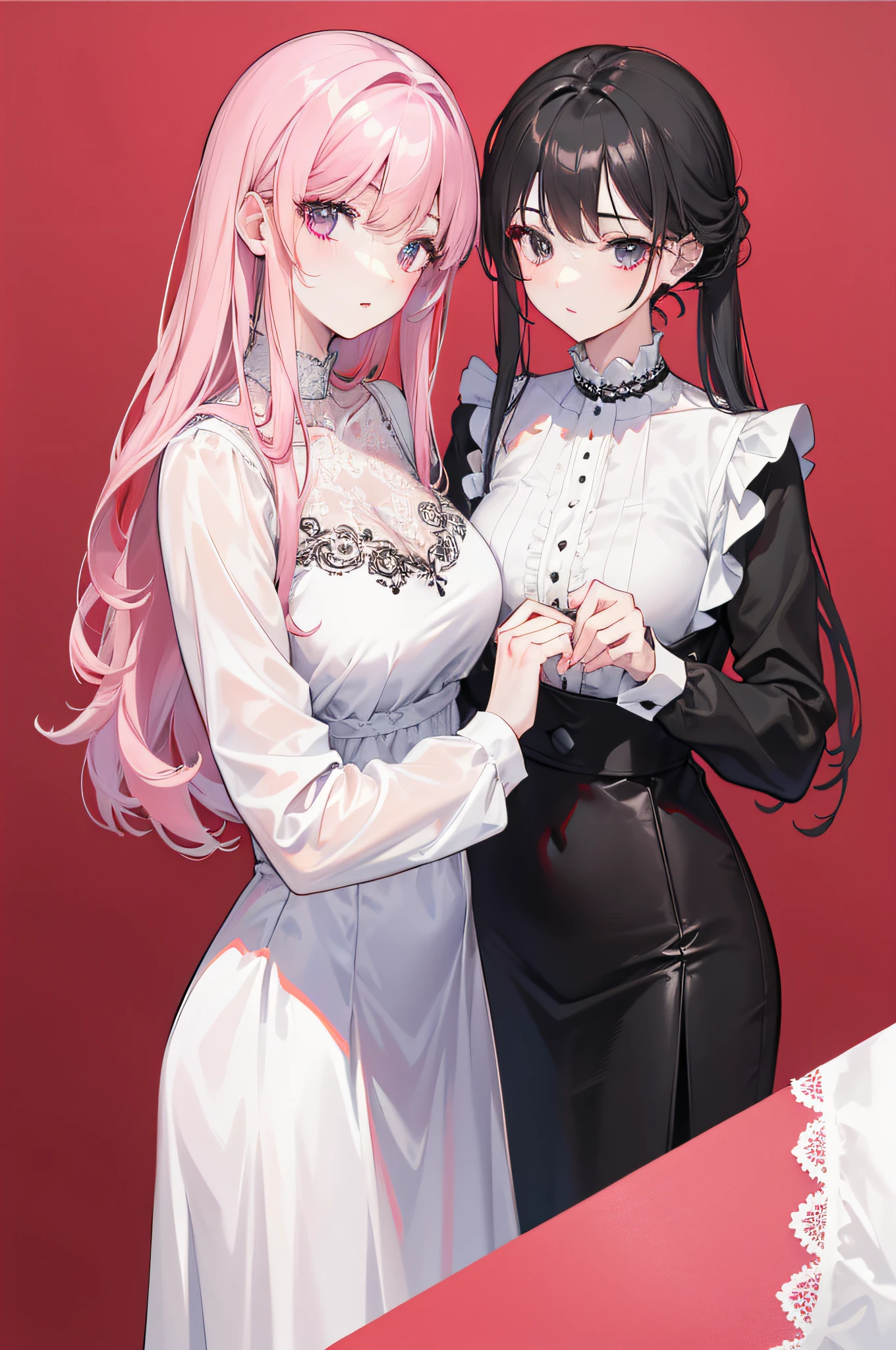 25 year old couple,Royal sister,White shirt, Black trousers,Lace,V-neck dress,Be red in the face,Pink lips,The background is minimalist,8K masterpiece