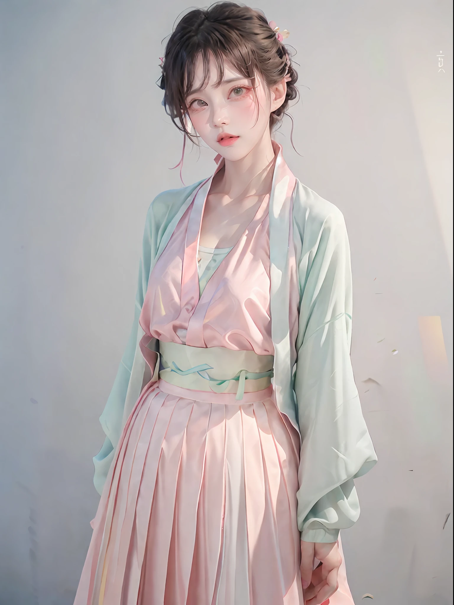 1girl,(hanfu, pink short shan,  gradient green pleated skirt, pink songmo),(upper body:1.5),face focus, ultra high res, (photorealistic:1.4), raw photo,16K,dramatic lighting,