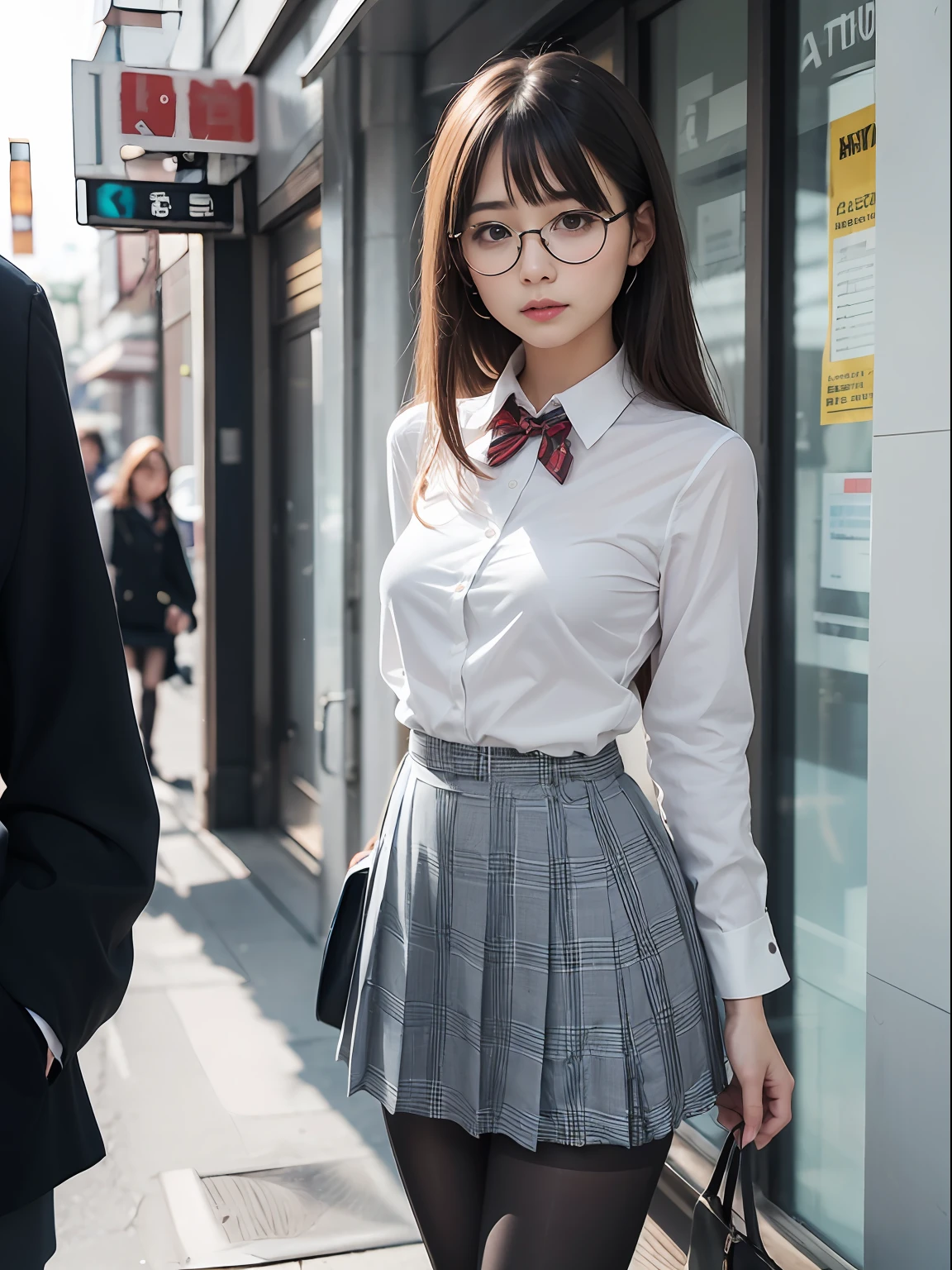 (8K、Raw photography、top-quality、masterpiece:1.2),Light blue bra shows through,Erotic,Eros,de pele branca,Black pantyhose,absurderes,a small face,small tits,flat breast,Parting the bangs from the middle、Forehead visible,(Tight eyes,Bullish,skinny,Rasping,irate)、masterpiece,top-quality、超A high resolution,Raw photo,ren,Beautiful fece,One Person, 独奏,eye glass,,Dark look,Small breasts,fullllbody,Round glasses、cute little、A Japanese Lady,is standing,(Tight eyes,Bullish,skinny,Rasping,irate,small tits,flat breast)、(Photorealsitic:1.37)、Photon mapping,Light blue ribbon,Realistic、Cute little face,Brown-eyed、Black socks、(Red bow tie)、Radio City、Physically Based Rendering、Foreground、depth of fields、Blurry background、a picture,The girls、Body, Long legs, Thin leg,poneyTail,(Bangs are visible), hair, s lips, Blue_The eye, nosesoft,White shirt, Navy blue and white plaid pleated skirt, Knees are visible,Sheer clothing,, Thigh, Black cotton socks,Nogizaka Idol, 女優, Japanese ido