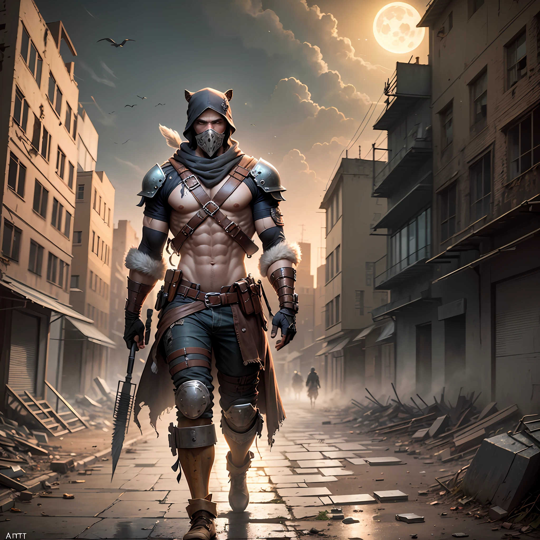 full body, clearly and similarly, a raider walks through the ruins of a city at dusk under moonlight, post-apocalyptic atmosphere, hdr, best human anatomy and best face, moonlight, high resolution, clear focus, artstantion, photorealism --auto --s2