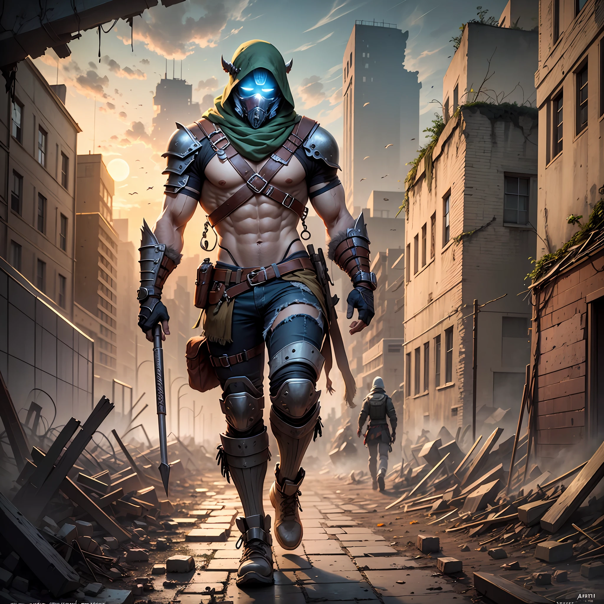 full body, clearly and similarly, a raider walks through the ruins of a city at dusk under moonlight, post-apocalyptic atmosphere, hdr, best human anatomy and best face, moonlight, high resolution, clear focus, artstantion, photorealism --auto --s2