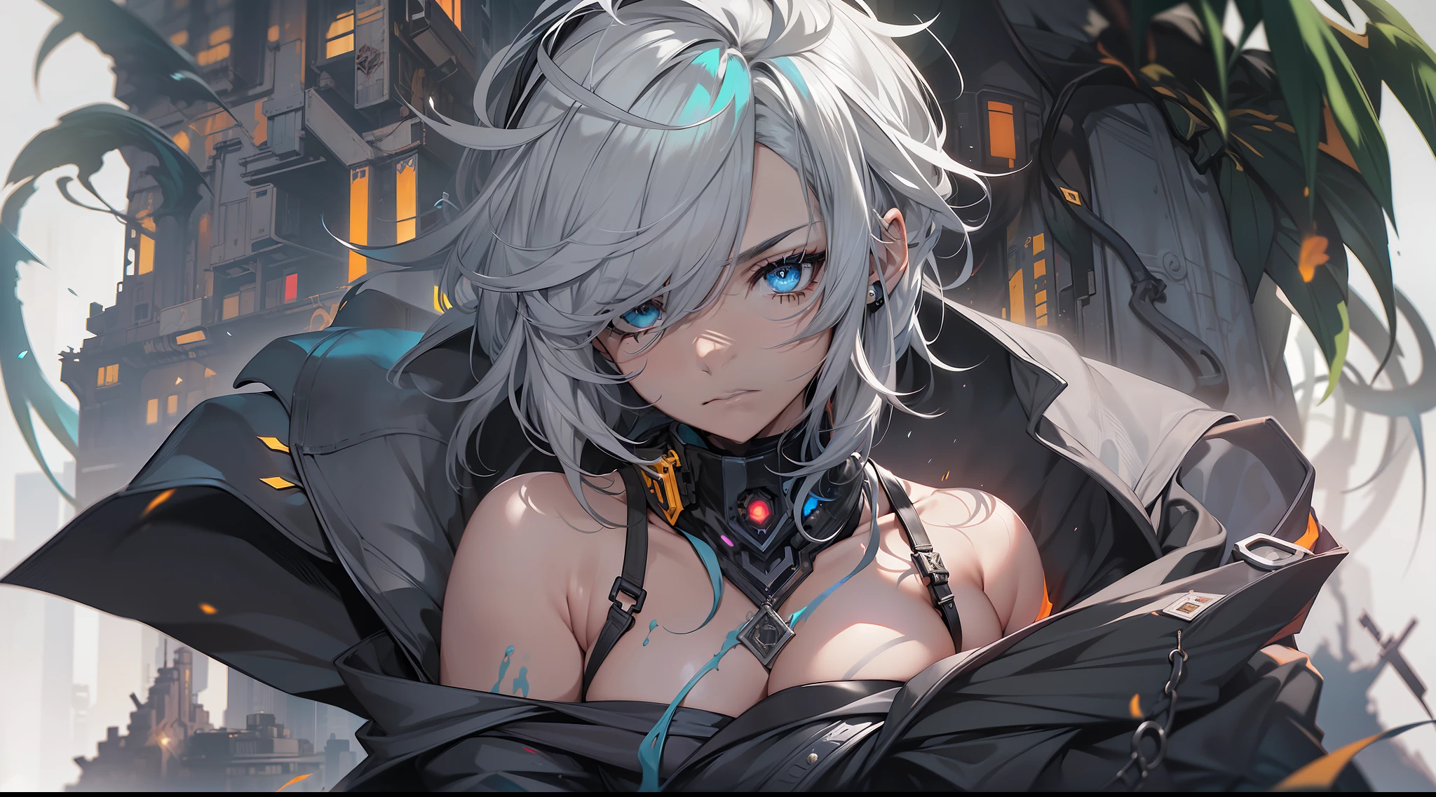 Cyberpunk woman,fansty world,background inside dark,Clean design,Epic Instagram,artstation,Colorful paint splashes,contours,Hyper-detailed intricate details,unreal-engine,fanciful,Complicated details,splash image,complementary colours,fantasy concept art,8K分辨率,A masterpiece of deviantart,oil painted,Heavy strokes,paint drips,(Isolate on a white background:1.3),Rainbow skins,(((Beautiful young man))), ((teenage:1.5)), (glow blue eyes), ((Eyes have light)),((((Short gray hair:1.1))), ((black-clad)), (prinz\\(Indifferent expression\\),, (((Wearing a luxurious black robe with high details))), A head of white hair,Frost magic,((chest muscle) --v 6