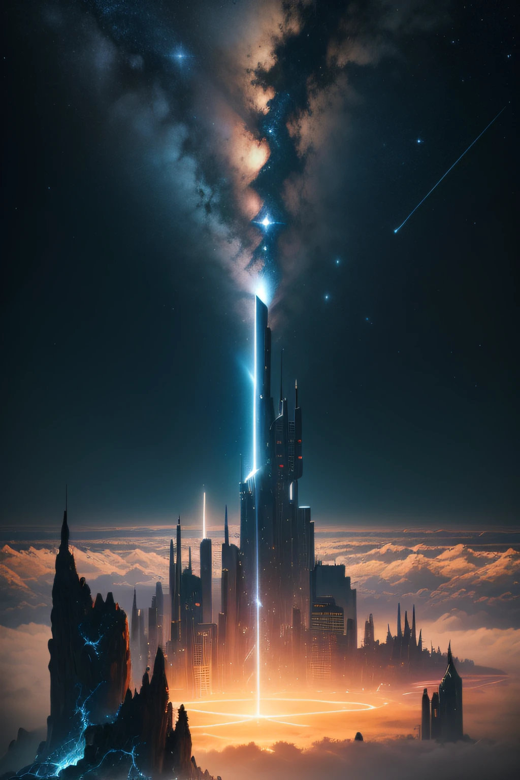 The heavens come，Countless meteorite fall scenes，Energy surges，Spread out like a tidal wave，Countless gods，There is Vulcan，Zeus，Pangu，Nuwa and other ancient gods。A scene of countless gods descending in the sky above the ruined city（Jagged），（best qualtiy））， （（tmasterpiece））， （The is very detailed：1.3）3D，8K  UHD，high qulity
