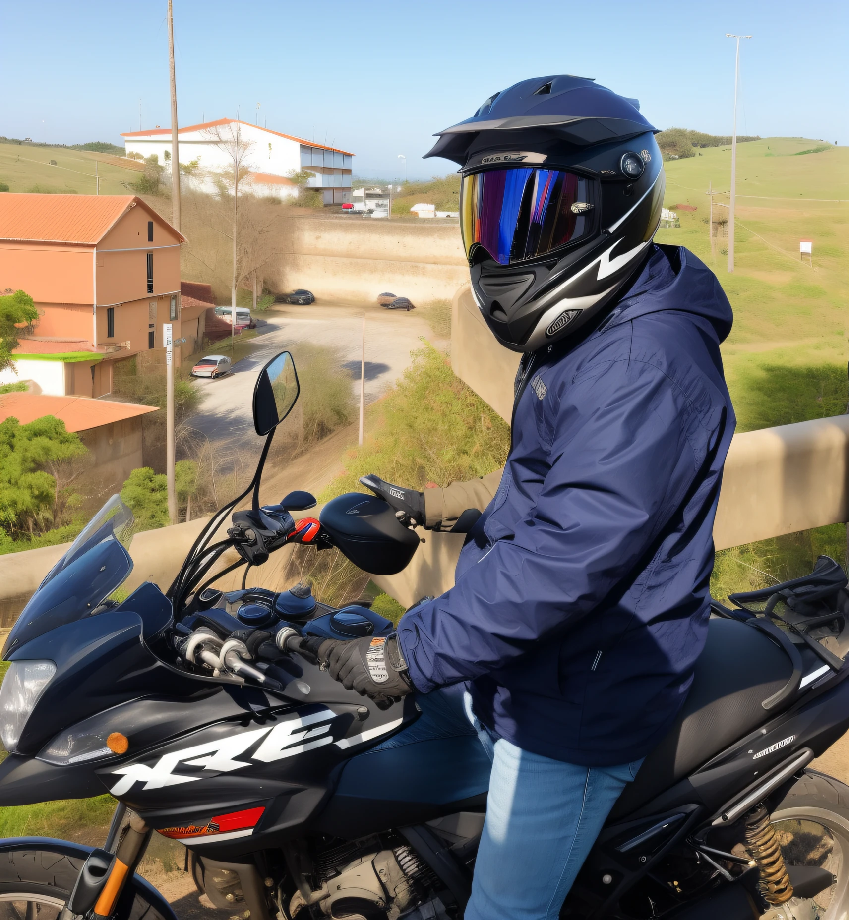 Person wearing helmet and goggles on a motorcycle, pilotando uma motocicleta, motociclista, imagem de um motociclista masculino, horseback riding, touring, sentado em uma motocicleta, Foto de perfil, andar de moto, reflexo do telefone na viseira, olhando desta forma, arredores detalhados, Cavalgando na cidade de Doom, cachoeiras ao fundo, Frente cheia, vista do capacete