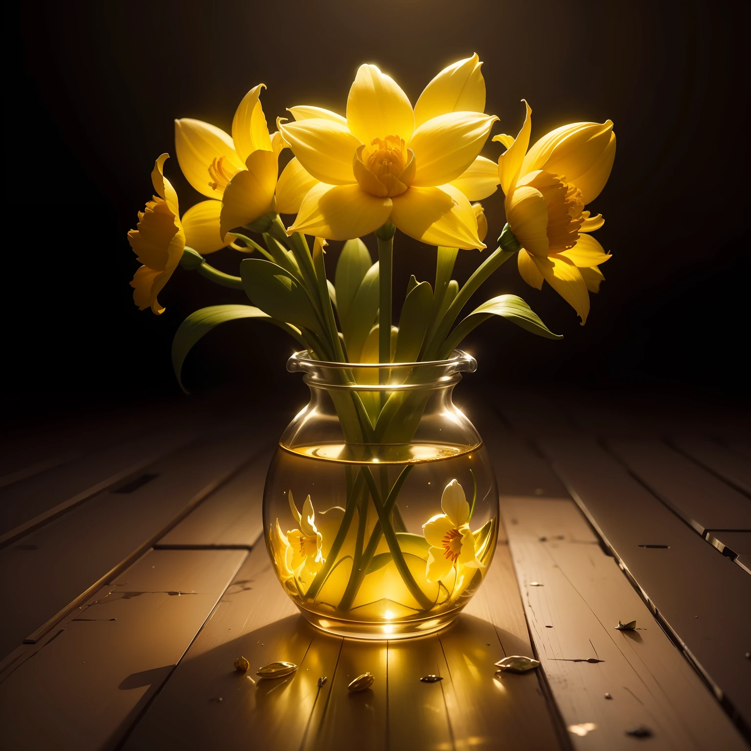 Yellow daffodils flower made up from glass, (masterpiece), best quality, ultra high res, cinematic lighting, photorealistic, HDR