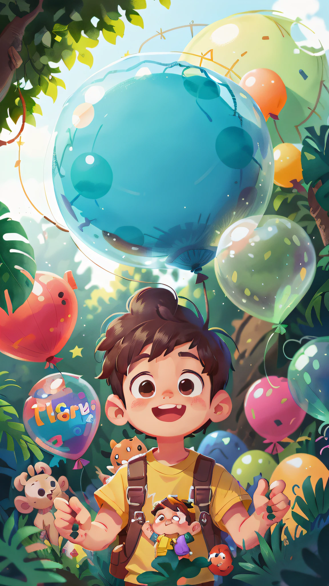 A boy, zoo, many balloons, happy, happy, perfect quality, clear focus (clutter - home: 0.8), (masterpiece: 1.2) (realistic: 1.2) (bokeh) (best quality) (detailed skin: 1.3) (intricate details) (8K) (detail eyes) (sharp focus), (happy)