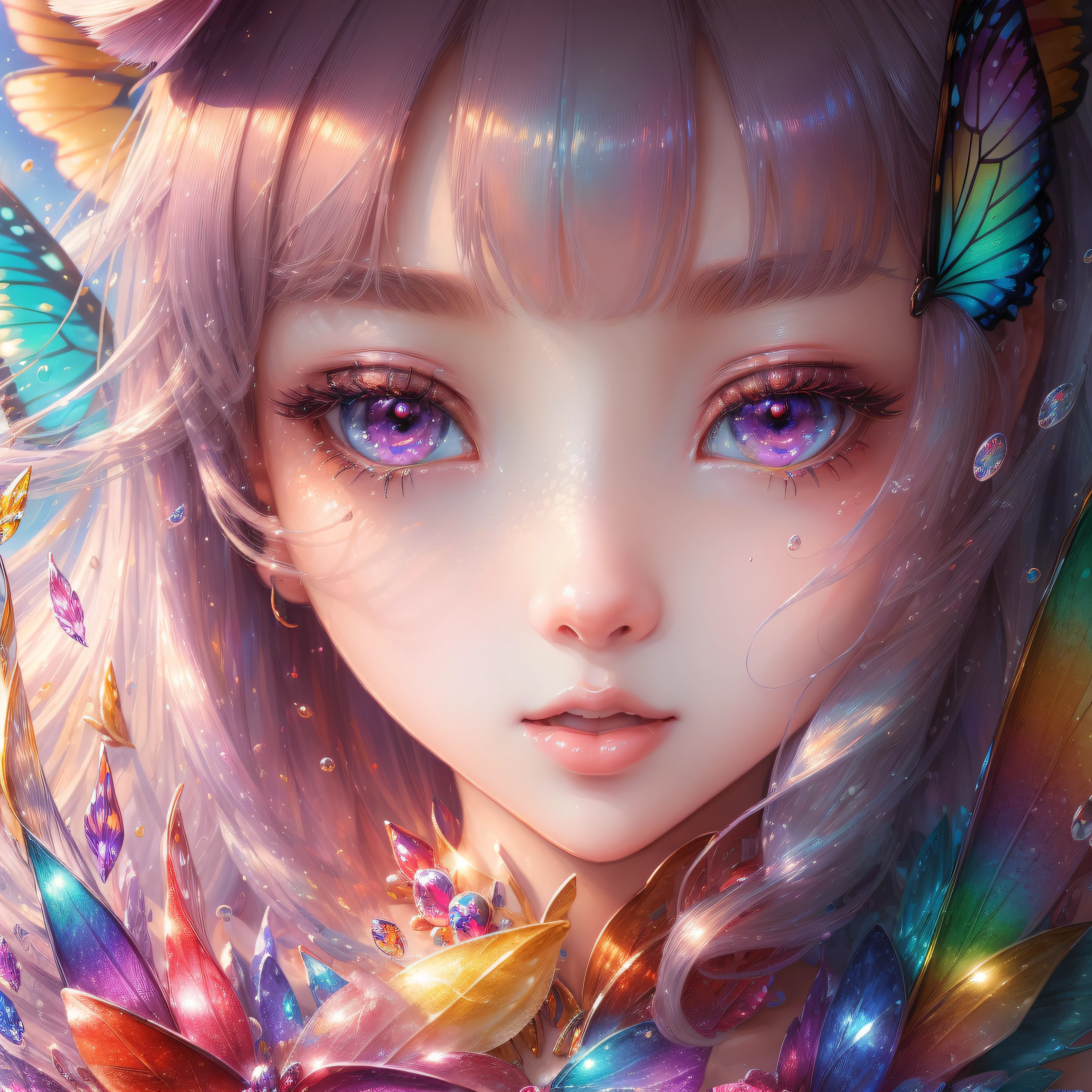 Close-up of a surprised face、close up of face、(large round eyes、Clear, clear and colorful eyes、Shining eyes、Eye Gloss）（Glossy red lips、Laughing lips、Open lips、lipgloss）、Glossy red cheeks、（bangss、Silver Gold Hair）、Beautiful 18 year old woman、dreamlikeart、Highly detailed clear art、intricate detailes、Volumetric lighting pours into her face、(​masterpiece:1.2)、(top-quality)、（The ultra-detailliert)、(The composition of the movement:1.4)、Highly detailed colorful details、(Irridescent color:1.2)、(Bright lighting)、dream-like、Magical、dynamic compositions、The mirror reflects light、Shallow depth of field、ultra-detailliert、mixing  exposure、nffsw、Super masterpiece、vivd colour、colourfull、One woman's face、(Cute cat in clothes)、Anthropomorphic representation、Rich colors、exquisitedetails、（masutepiece,Best Quality:1.5), (butterflys,Exquisite butterflies,Ultra CG), (High resolution:1.5)、The beach is covered with colorful and transparent gems:1.5、Orange in the sky、green grass、Absolutely enchanting midday sun on the beach mixed with yellow。splash water、The water is crystal clear、It's a dynamic and breathtaking scene。Enjoy the calm atmosphere、