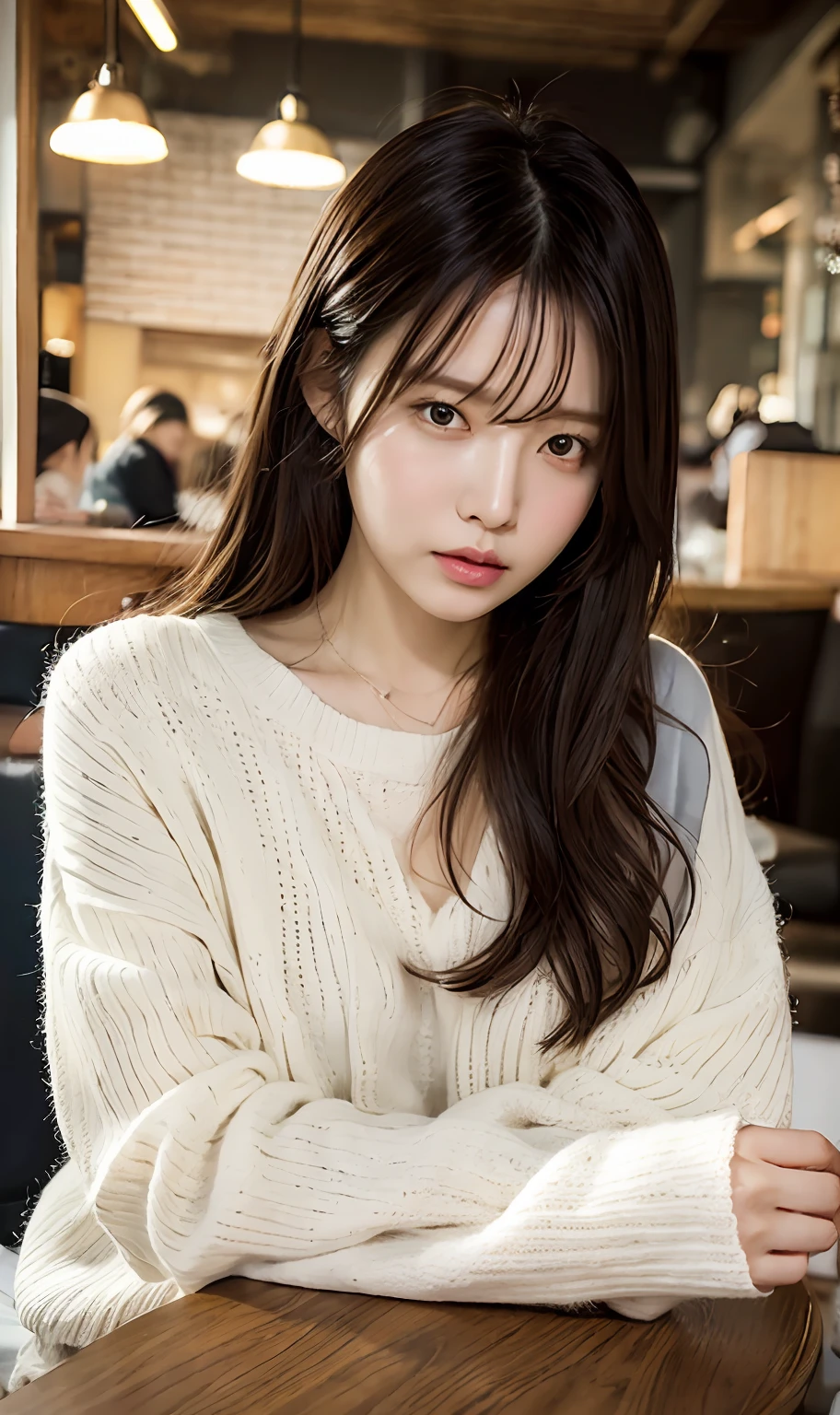 Chatting in a café、White knitwear、Sad face、Moist eyes、Kamimei