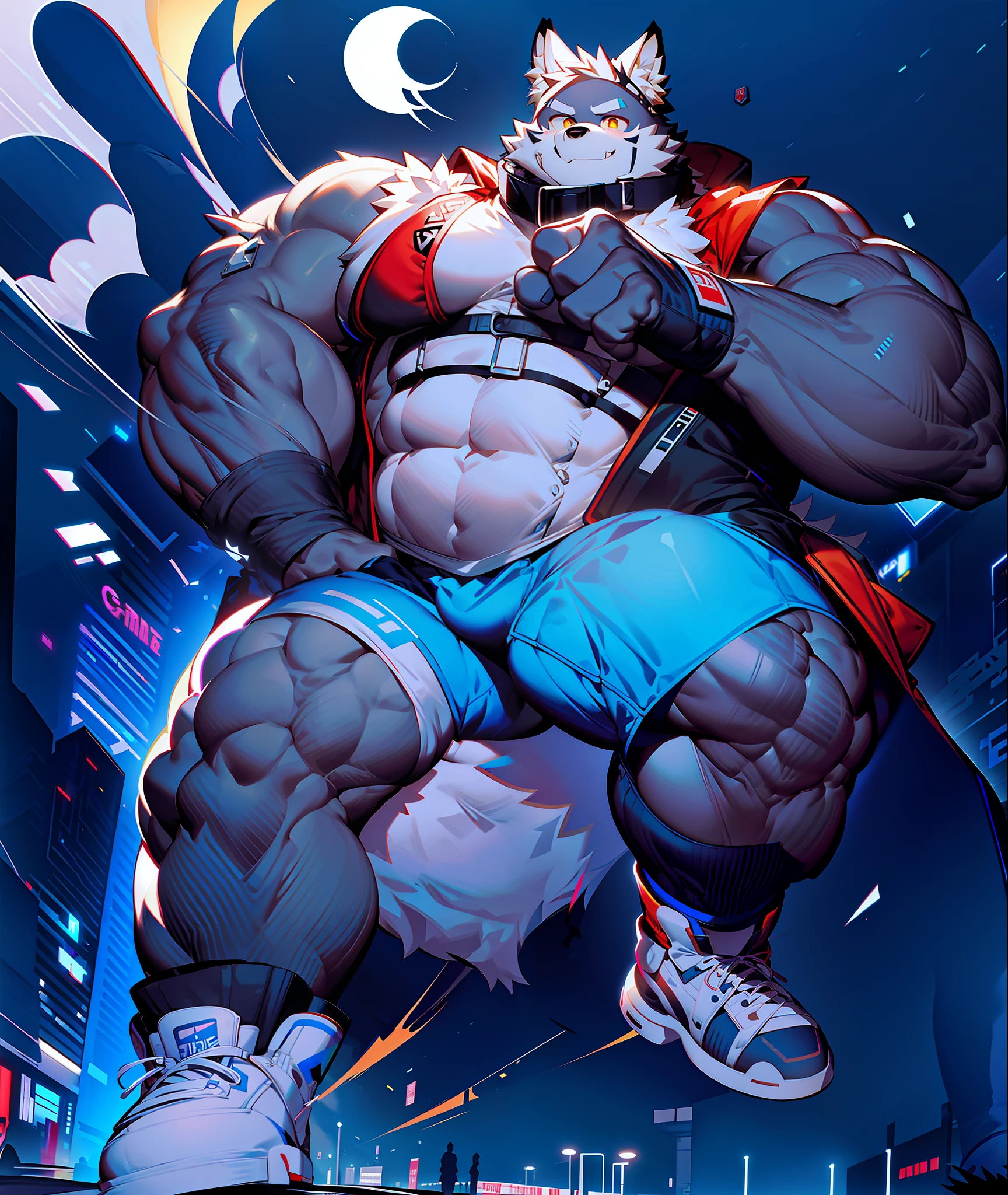 coyote，Furry，Blue-white hair，musculature，Muscle men，nakeness，Strong，ultraclear，Has a large ，Collar，Black  shorts，Black sclera，red pupils，Abs，Yellow coat，The erection，Collar，Has a large ，der riese，tit，Solo，Stout arms，Storm jacket，Badge，Pronounced abs，ssmile，subway station background，Urban style，hold fists,Big Dick，Red Storm jacket，the night，shoe