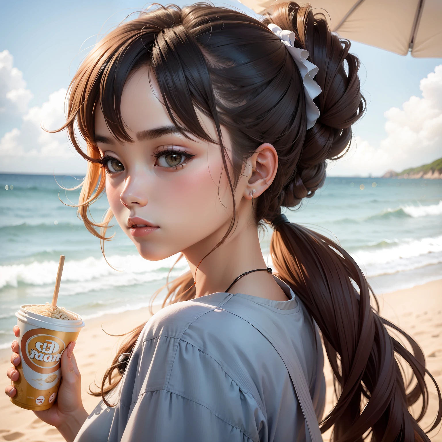 On the beach,Instant noodle hairstyle,Beautuful Women,sideface