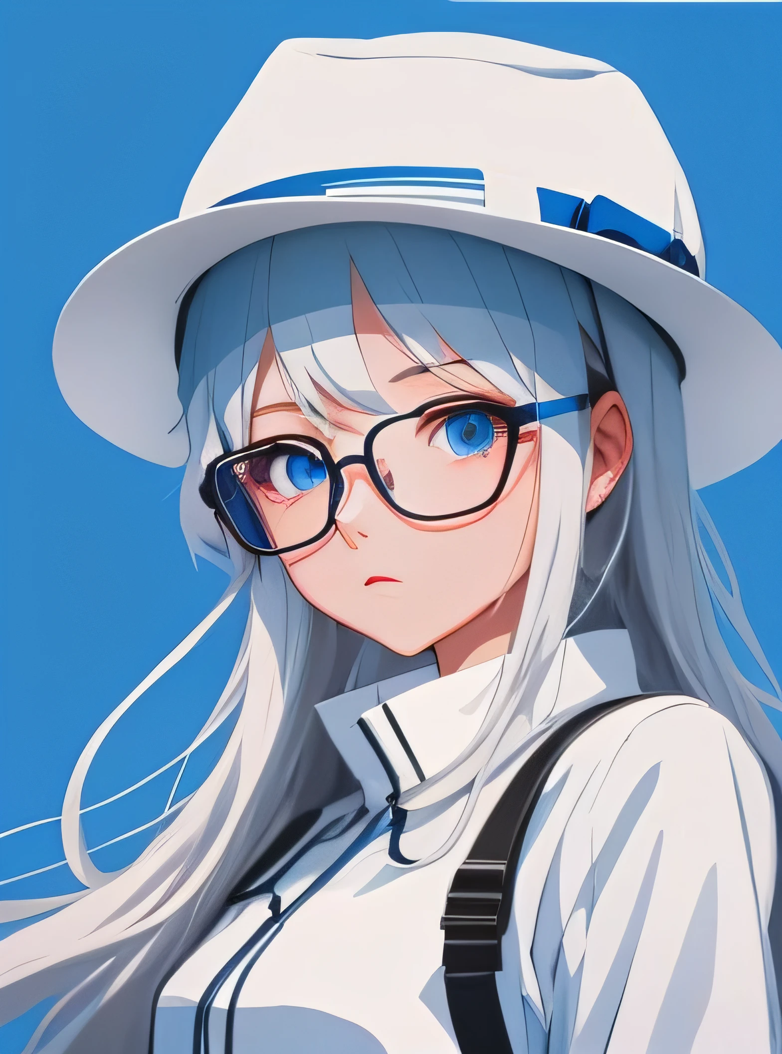 wears glasses、Anime girl with white hat and blue background, 2 d anime style, clean and meticulous anime art, High Quality Anime Art Style, clean and meticulous anime style, flat anime style shading, Anime style artwork, Anime style illustration, 2d art cover, modern anime style, 2d anime, Guviz-style artwork, anime vibes
