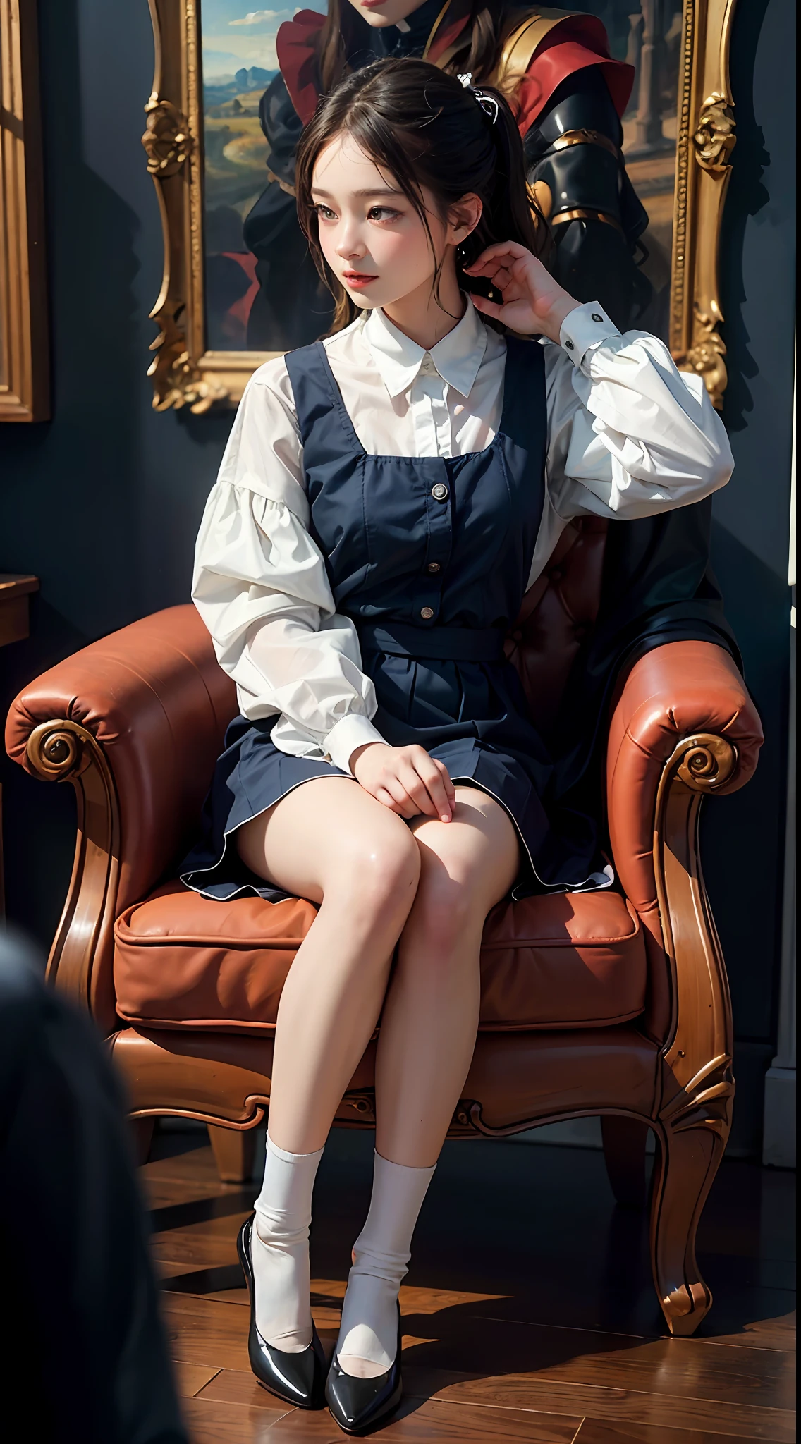 女の子1人, (Full body), Unknown , detailed clothes, (delicate illustration:1.4),(masutepiece:1.0), (Best Quality:1.4), (超A high resolution:1.2), (Photorealistic:1.4), (8K, Raw photo:1.2), (Soft Focus:1.4), (18year old:1.3), (Sharp Focus:1.4), (Renaissance art:1.4), Detailed beautiful face, (Blouse with white collar, Silk White Socks, Dark blue skirt, Black pumps), Sitting on a chair